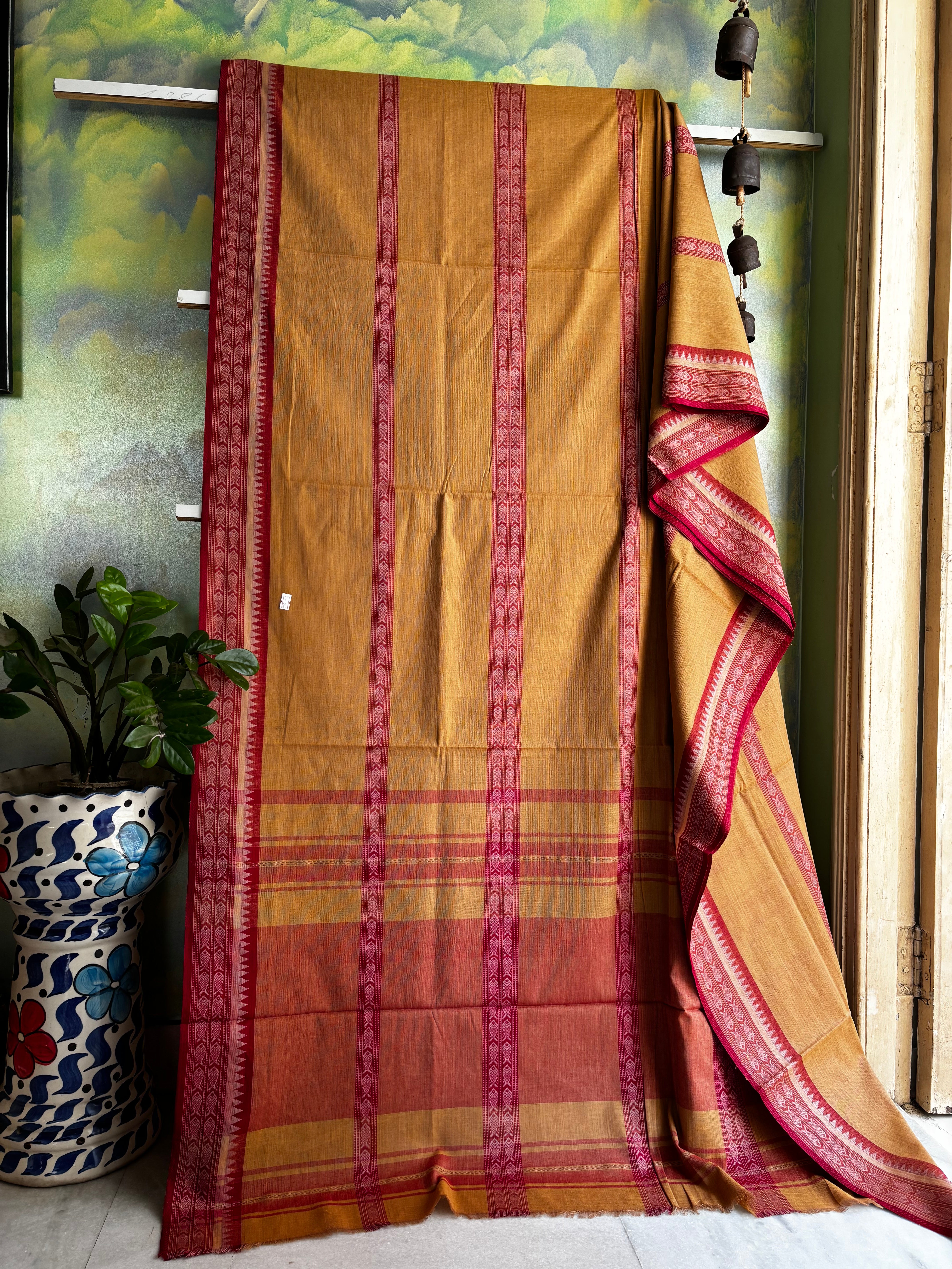 Handwoven Beige Red Pure Cotton Saree