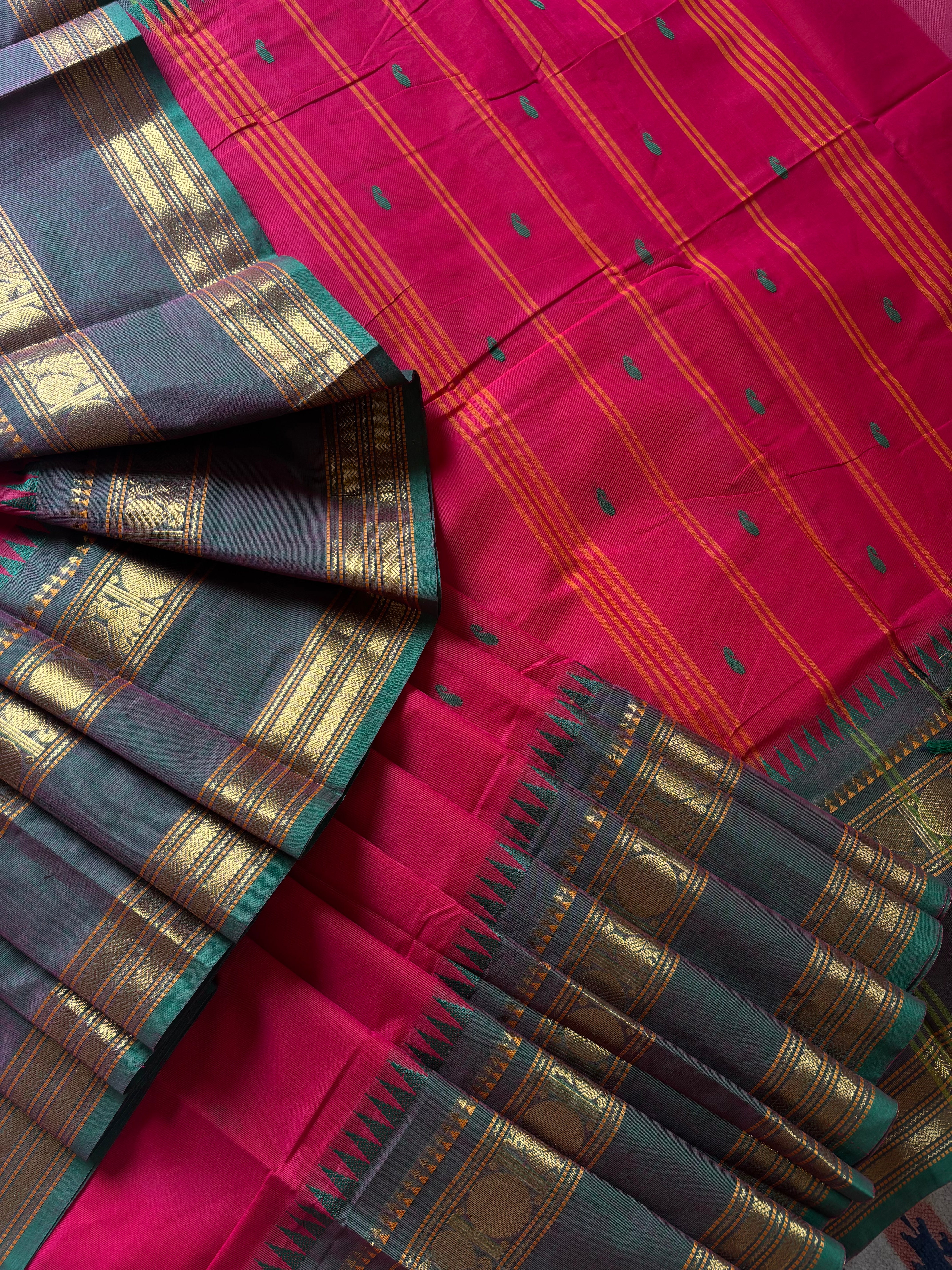 Pure Cotton Pinkish Red Colour Kanchipuram Saree