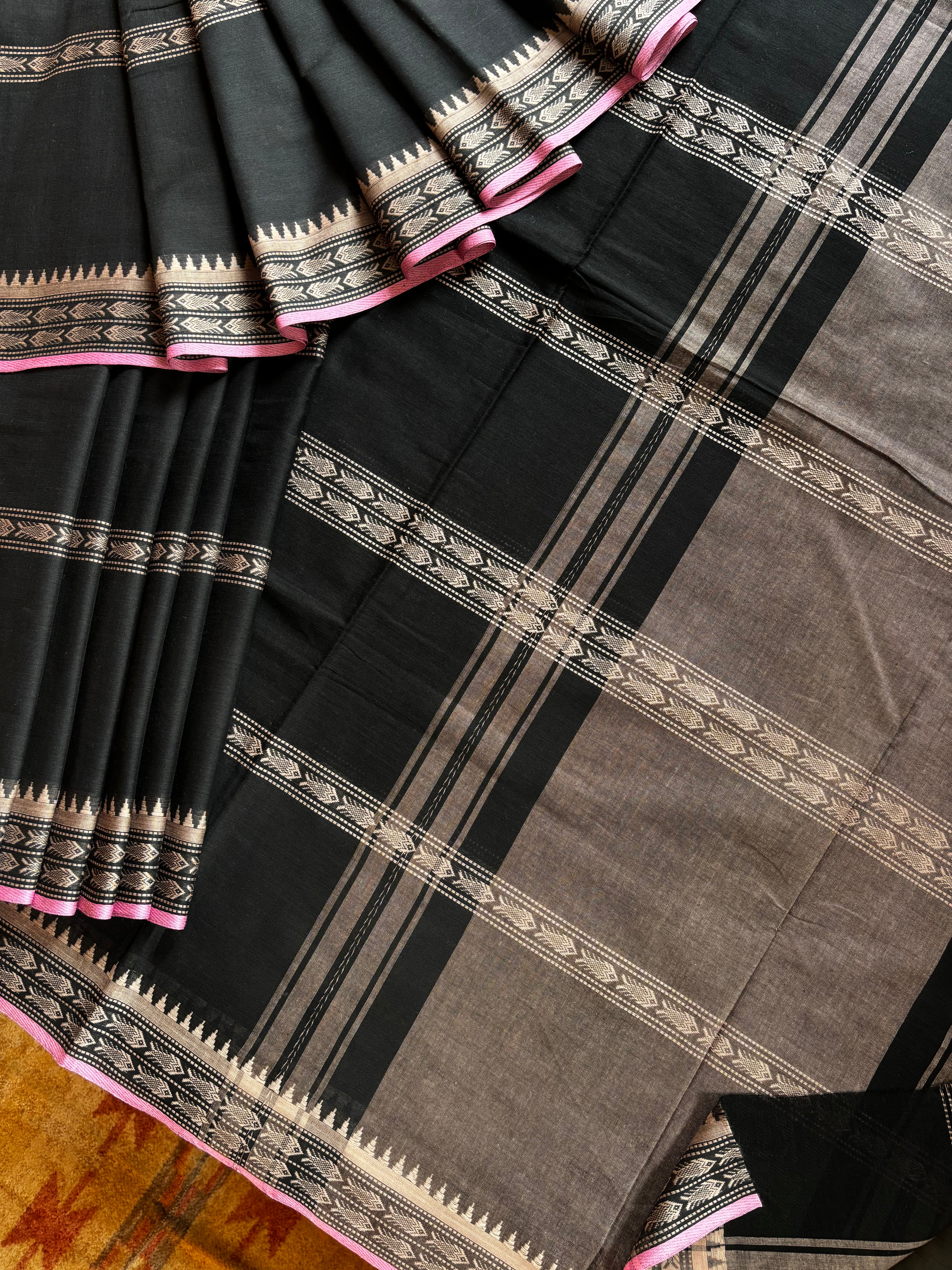 Handwoven Black Beige Pure Cotton Saree
