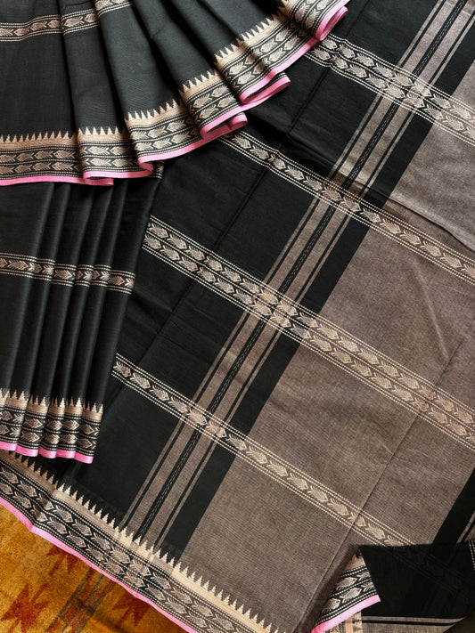 Handwoven Black Beige Pure Cotton Saree
