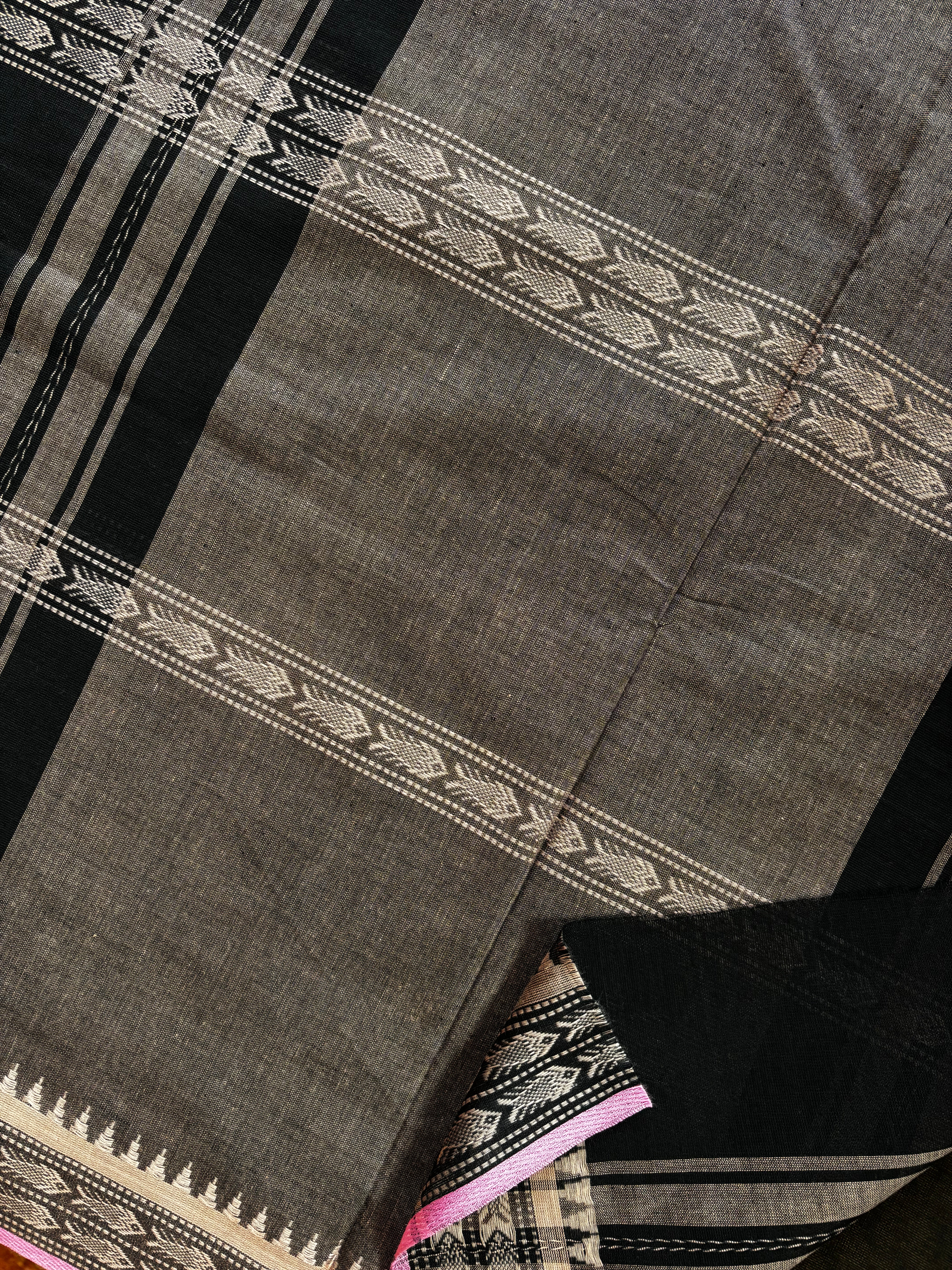Handwoven Black Beige Pure Cotton Saree