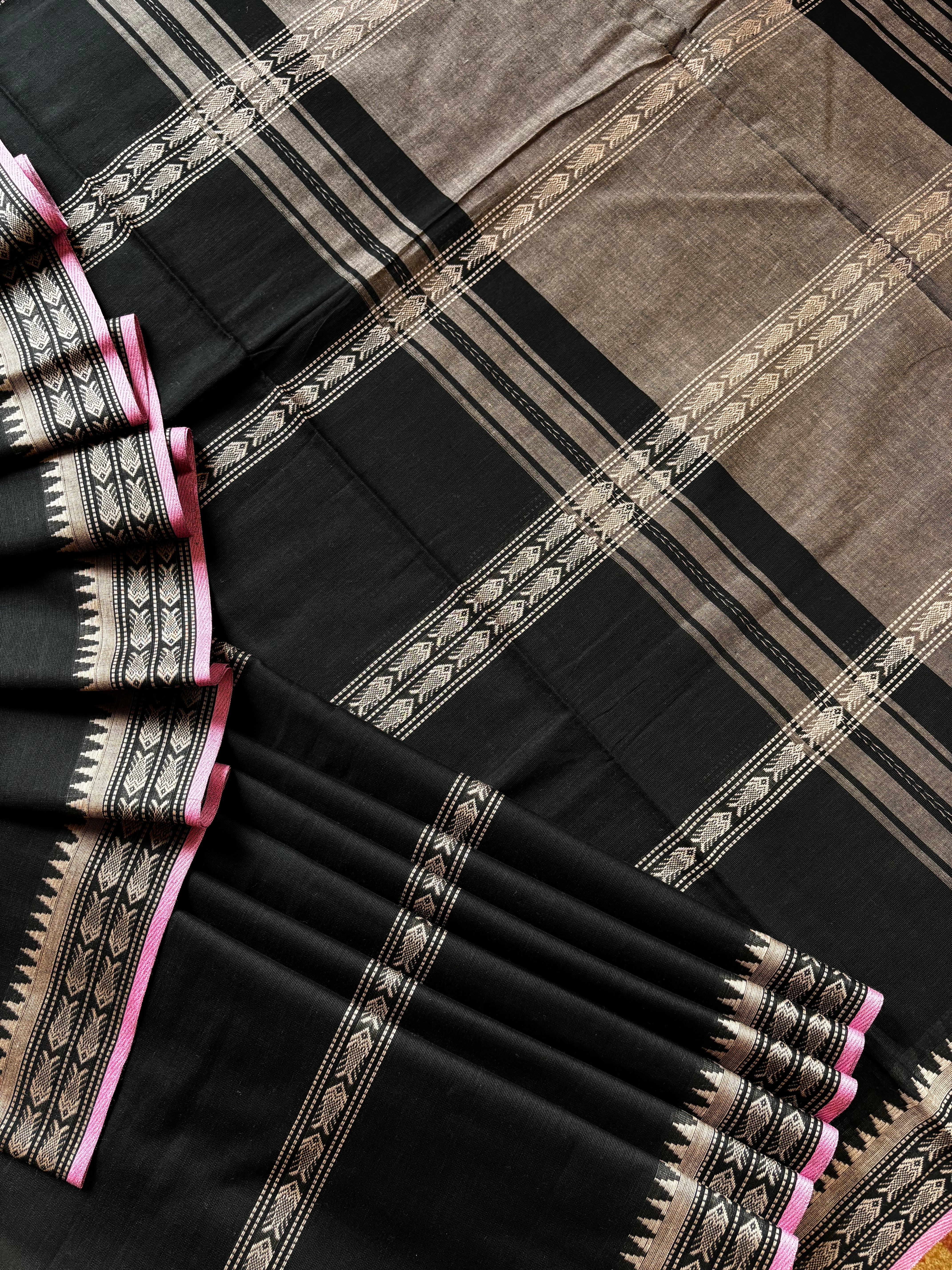 Handwoven Black Beige Pure Cotton Saree