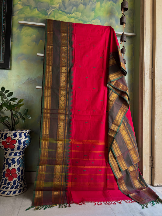 Pure Cotton Pinkish Red Colour Kanchipuram Saree