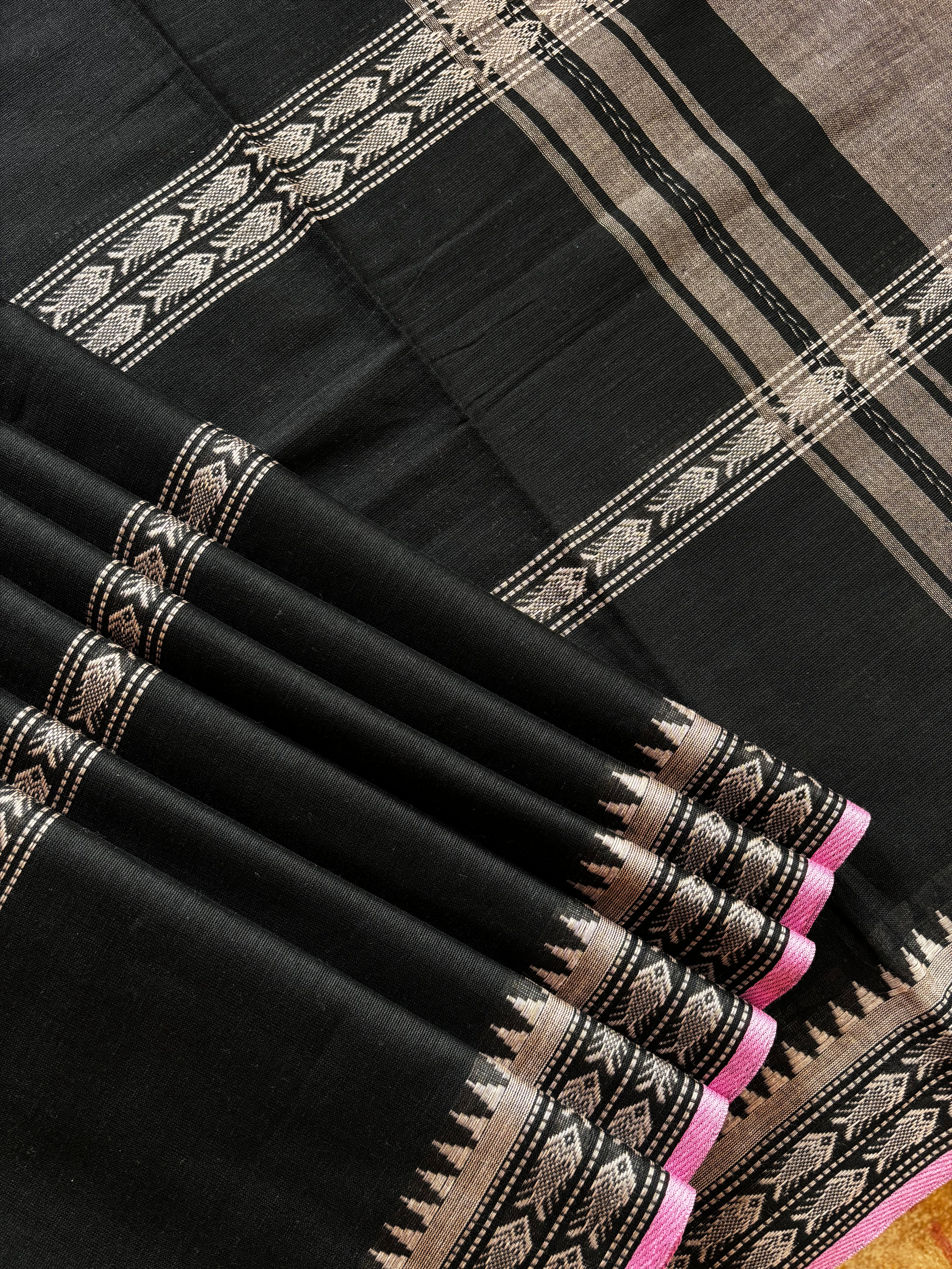 Handwoven Black Beige Pure Cotton Saree