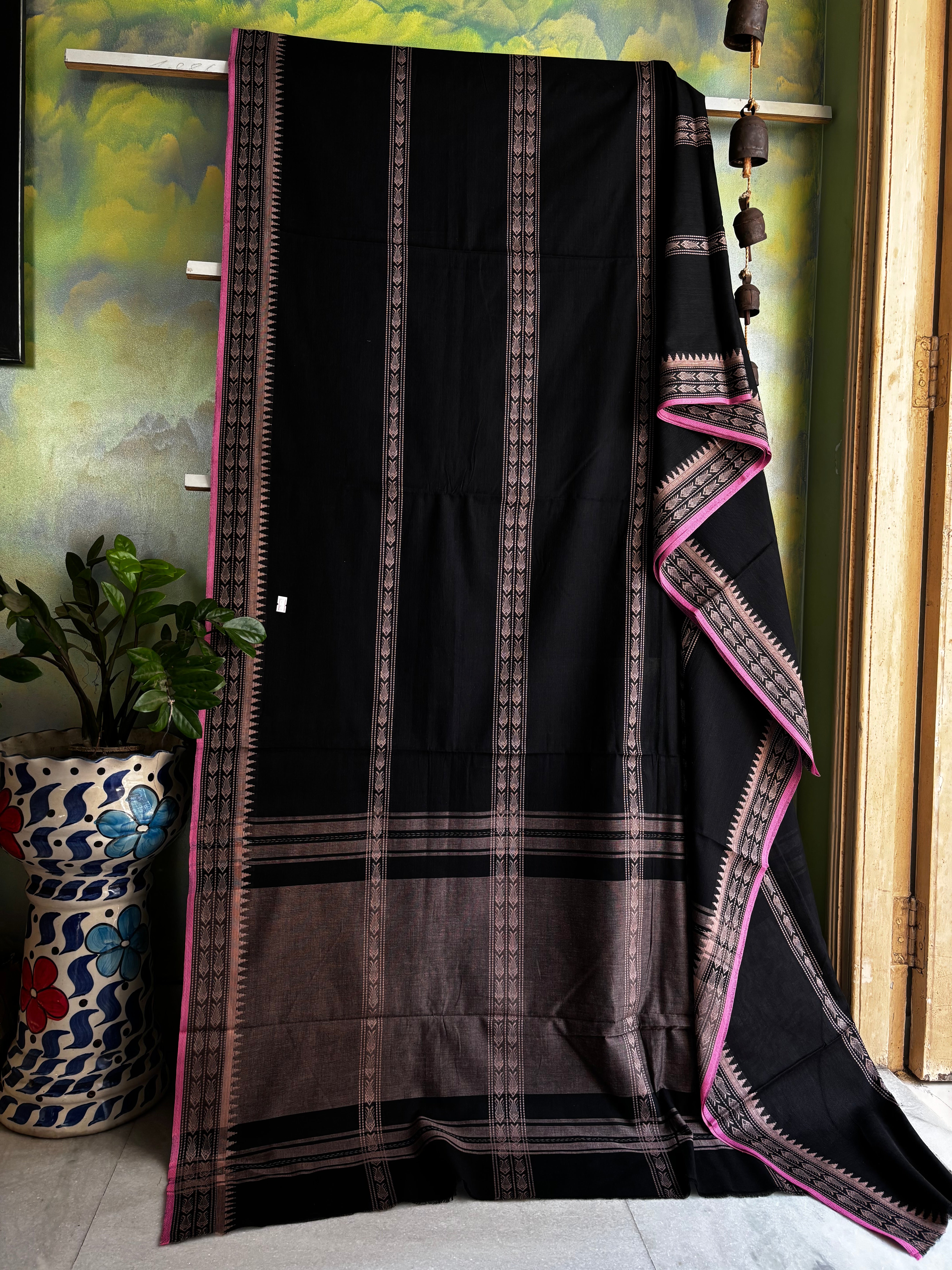 Handwoven Black Beige Pure Cotton Saree