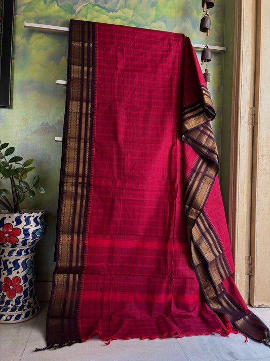 Handwoven Maroon Red Dual Toned Kanchipuram Cotton Saree