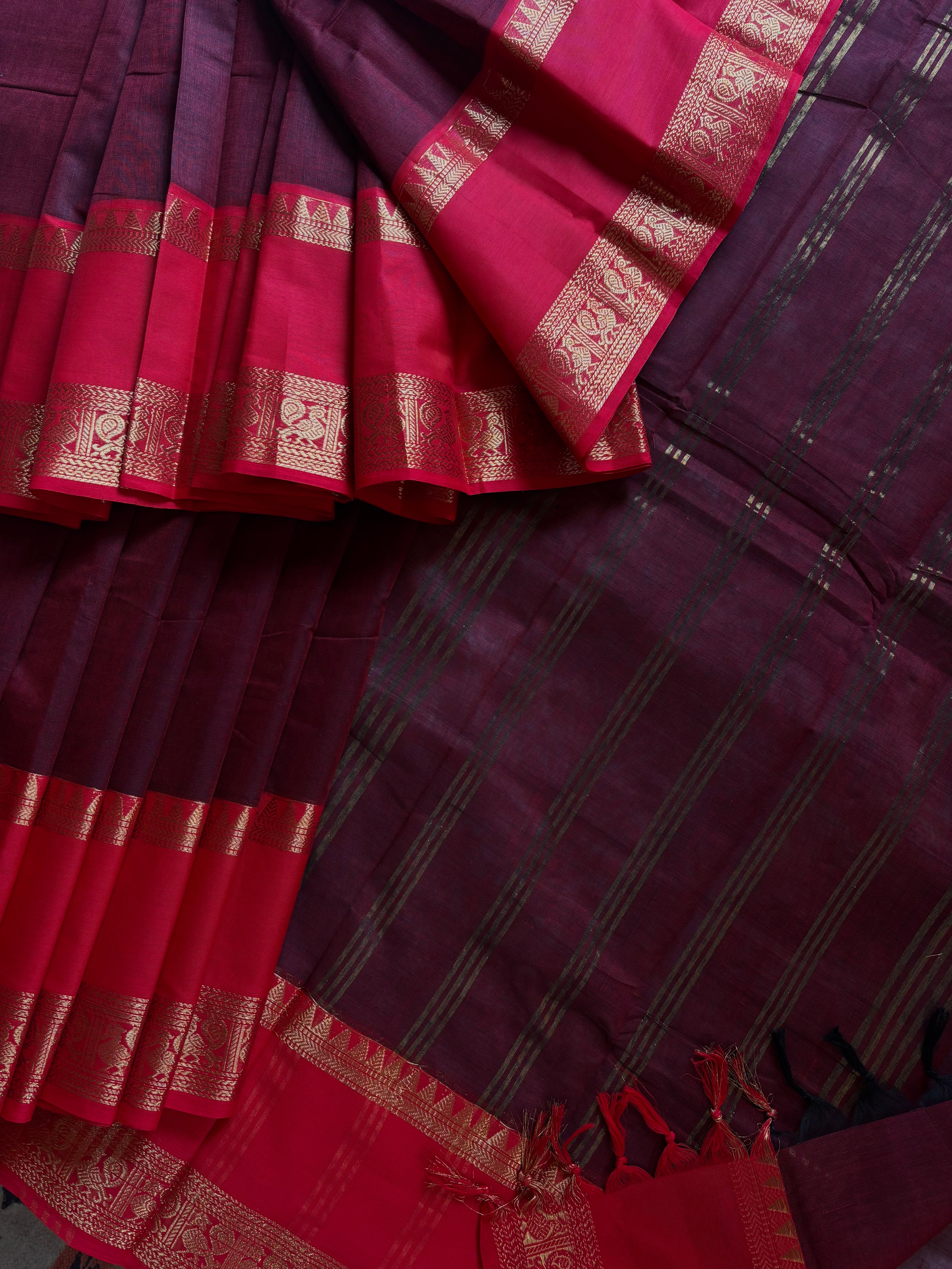 Pure Cotton Garnet Red Colour Kanchipuram Saree