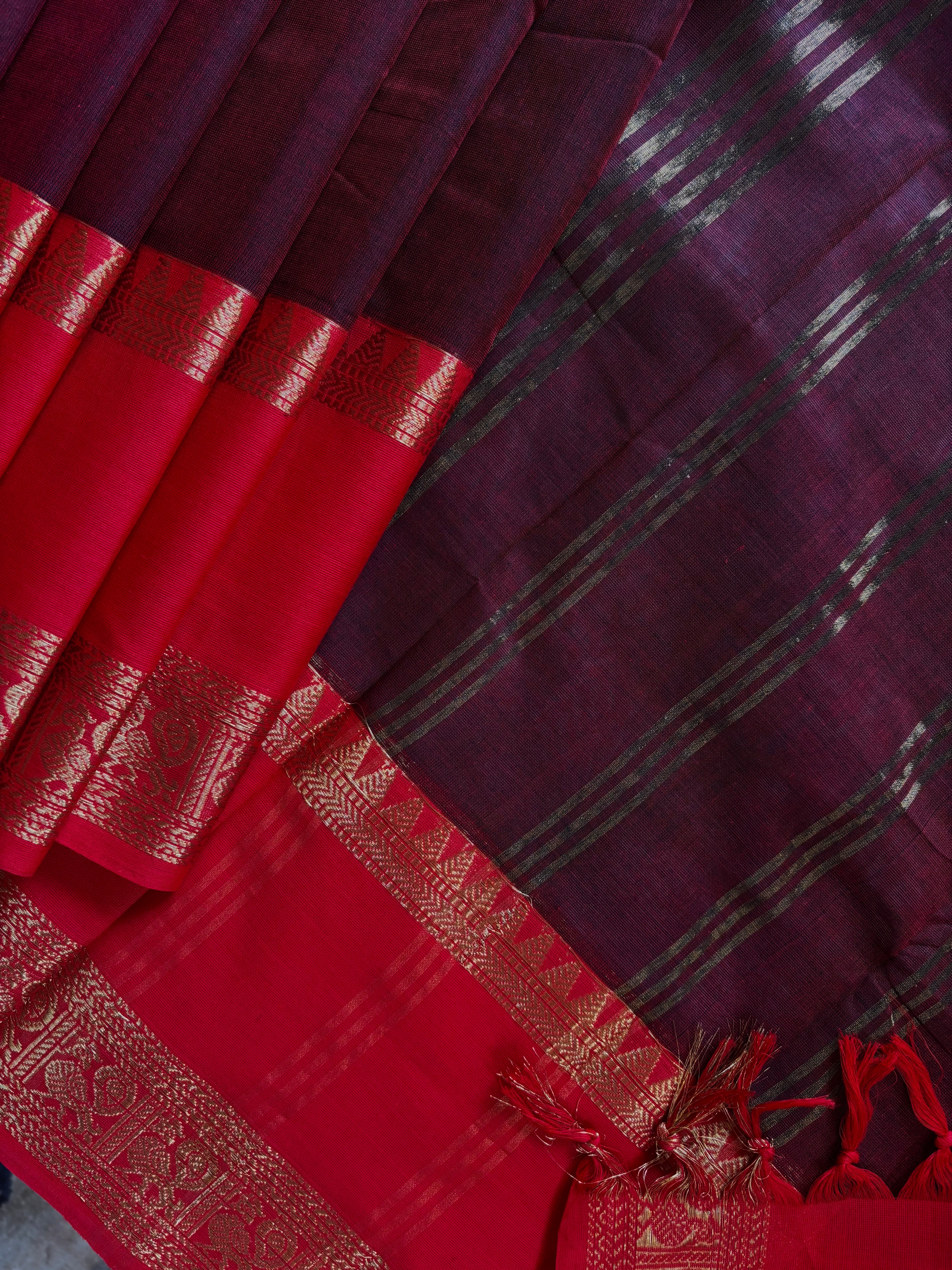 Pure Cotton Garnet Red Colour Kanchipuram Saree