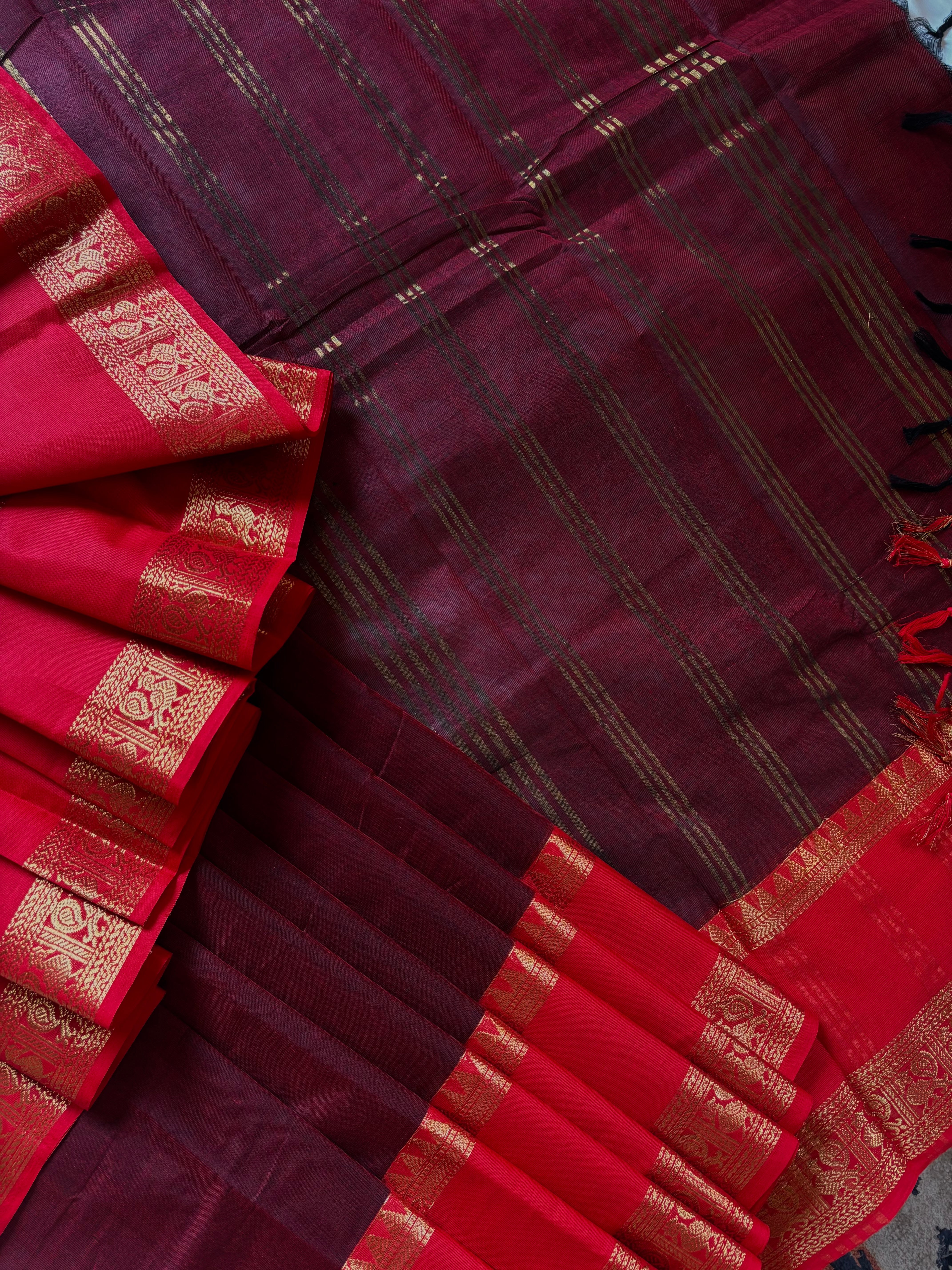 Pure Cotton Garnet Red Colour Kanchipuram Saree