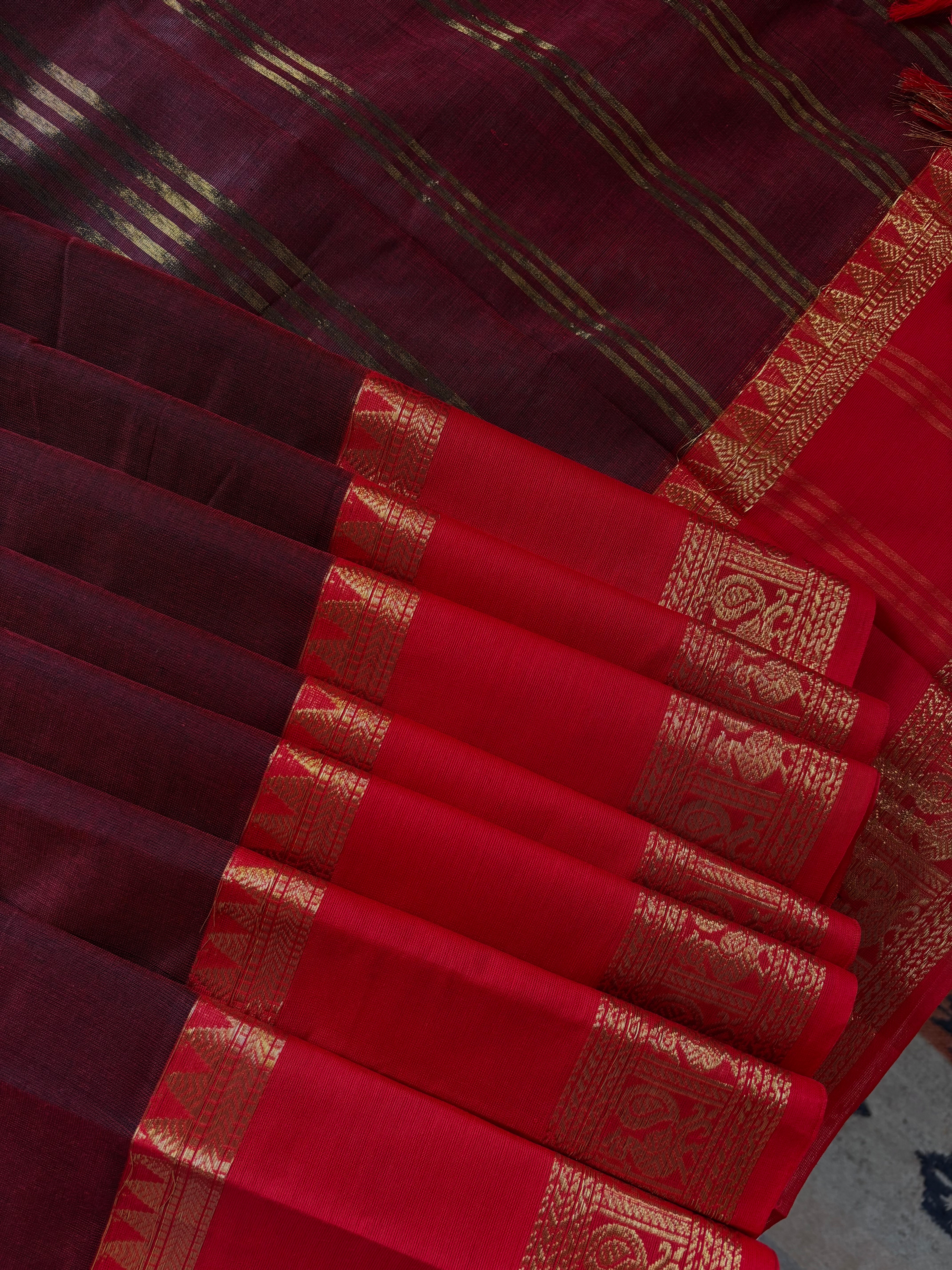 Pure Cotton Garnet Red Colour Kanchipuram Saree
