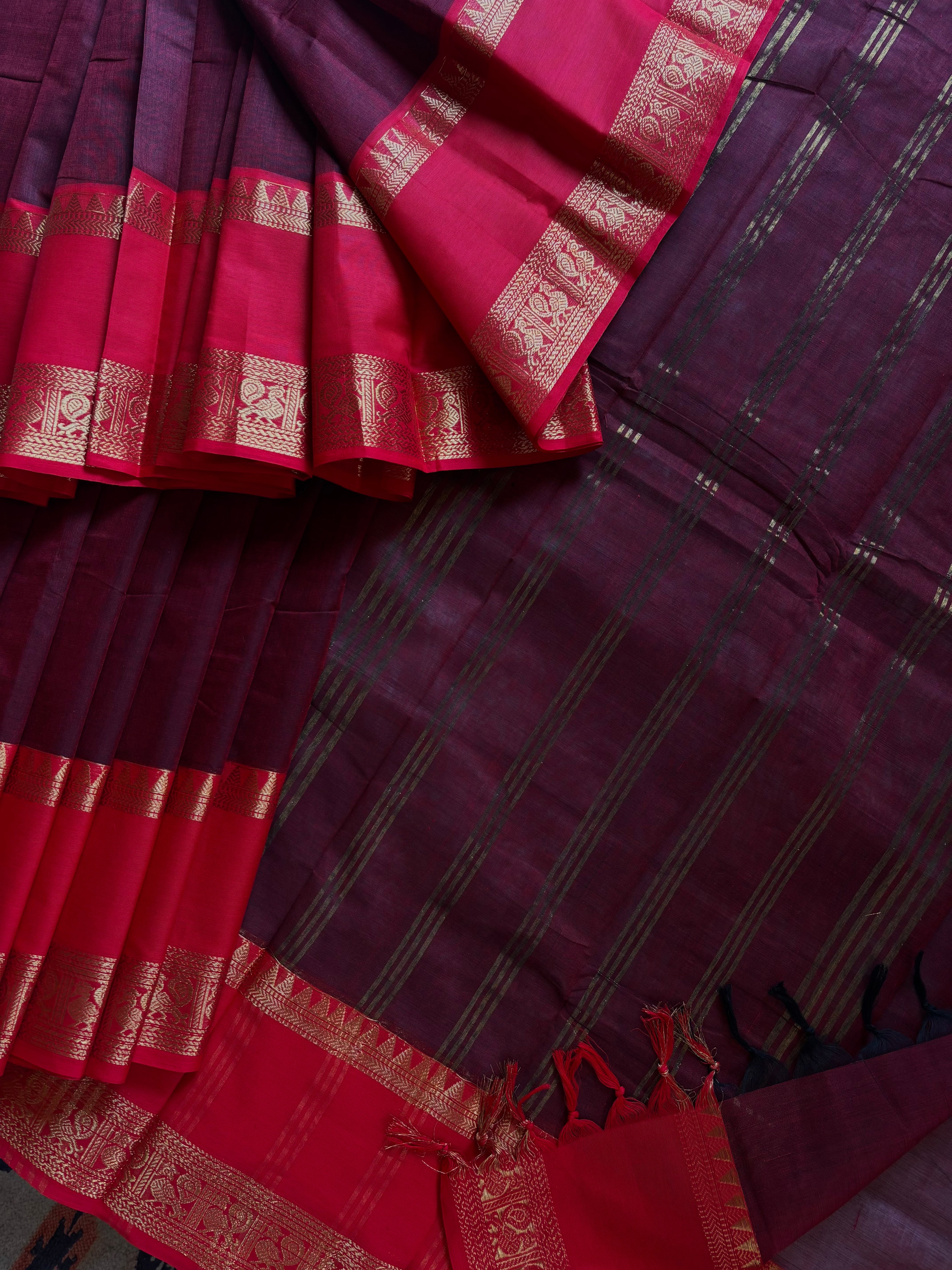 Pure Cotton Garnet Red Colour Kanchipuram Saree