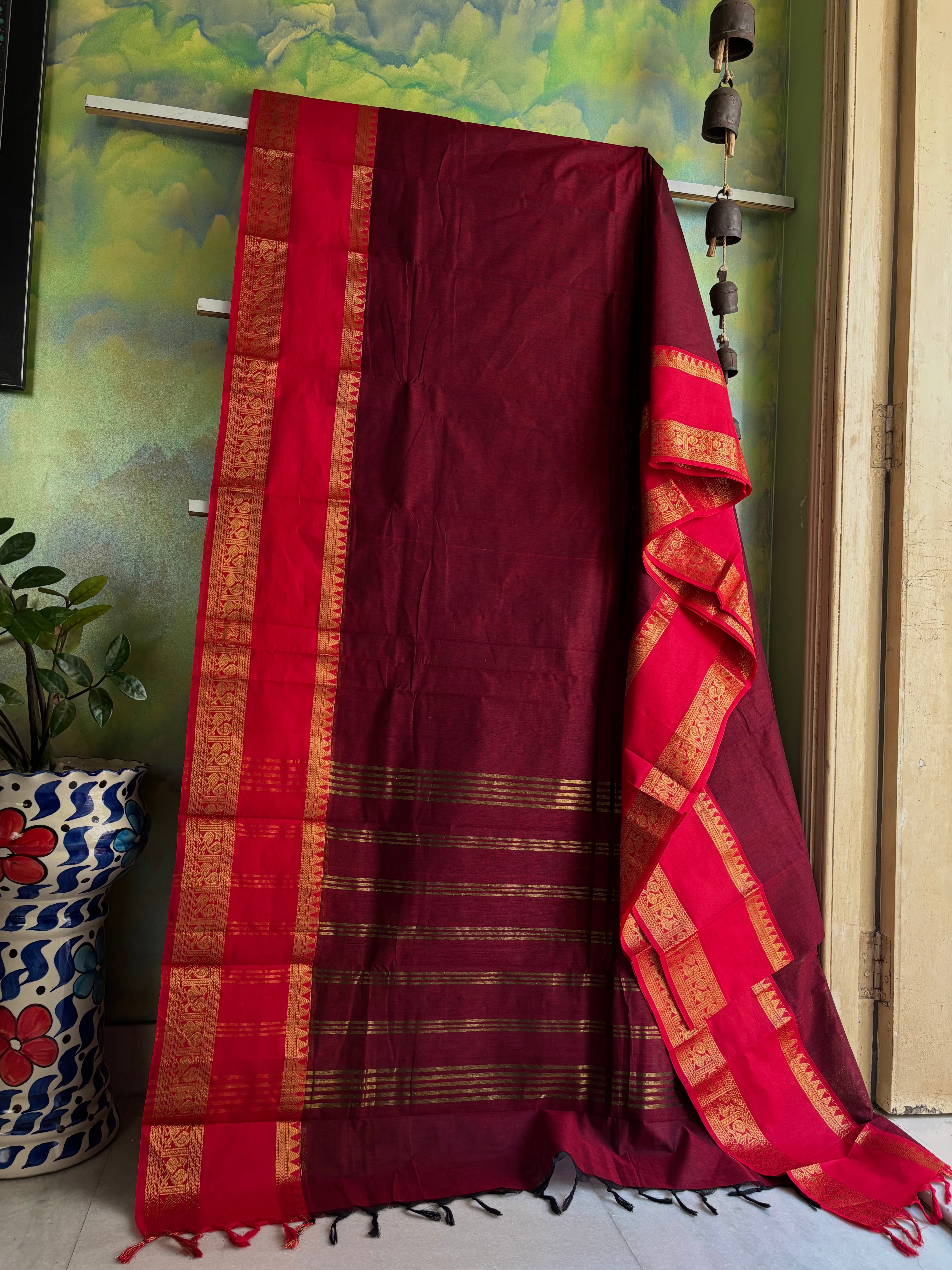 Pure Cotton Garnet Red Colour Kanchipuram Saree