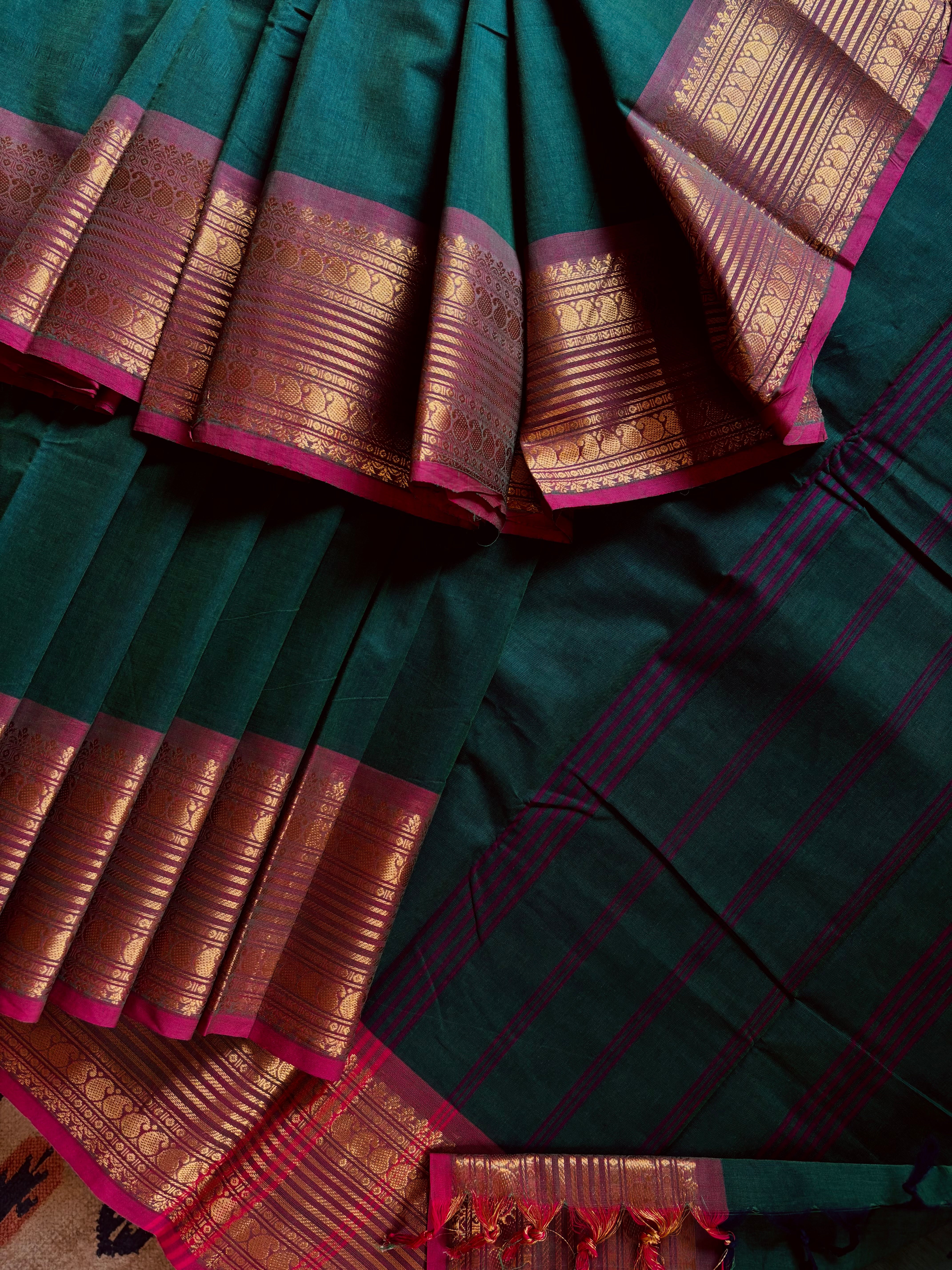 Green Blue Dual Toned Pure Cotton Kanchipuram Saree
