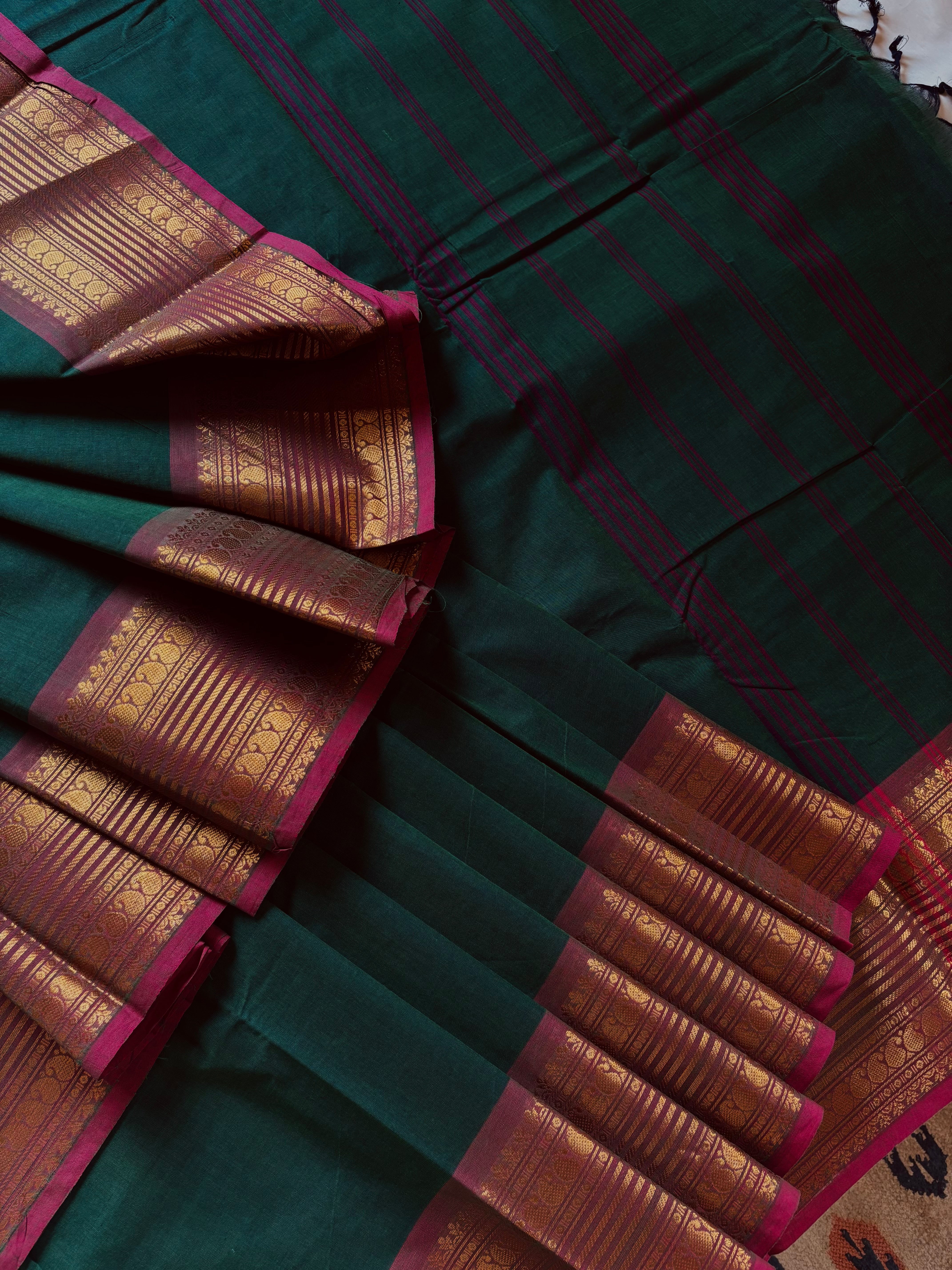 Green Blue Dual Toned Pure Cotton Kanchipuram Saree