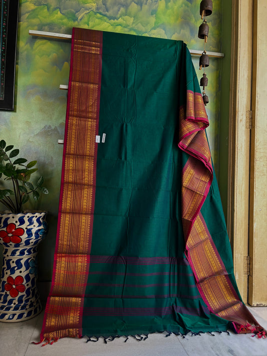 Green Blue Dual Toned Pure Cotton Kanchipuram Saree