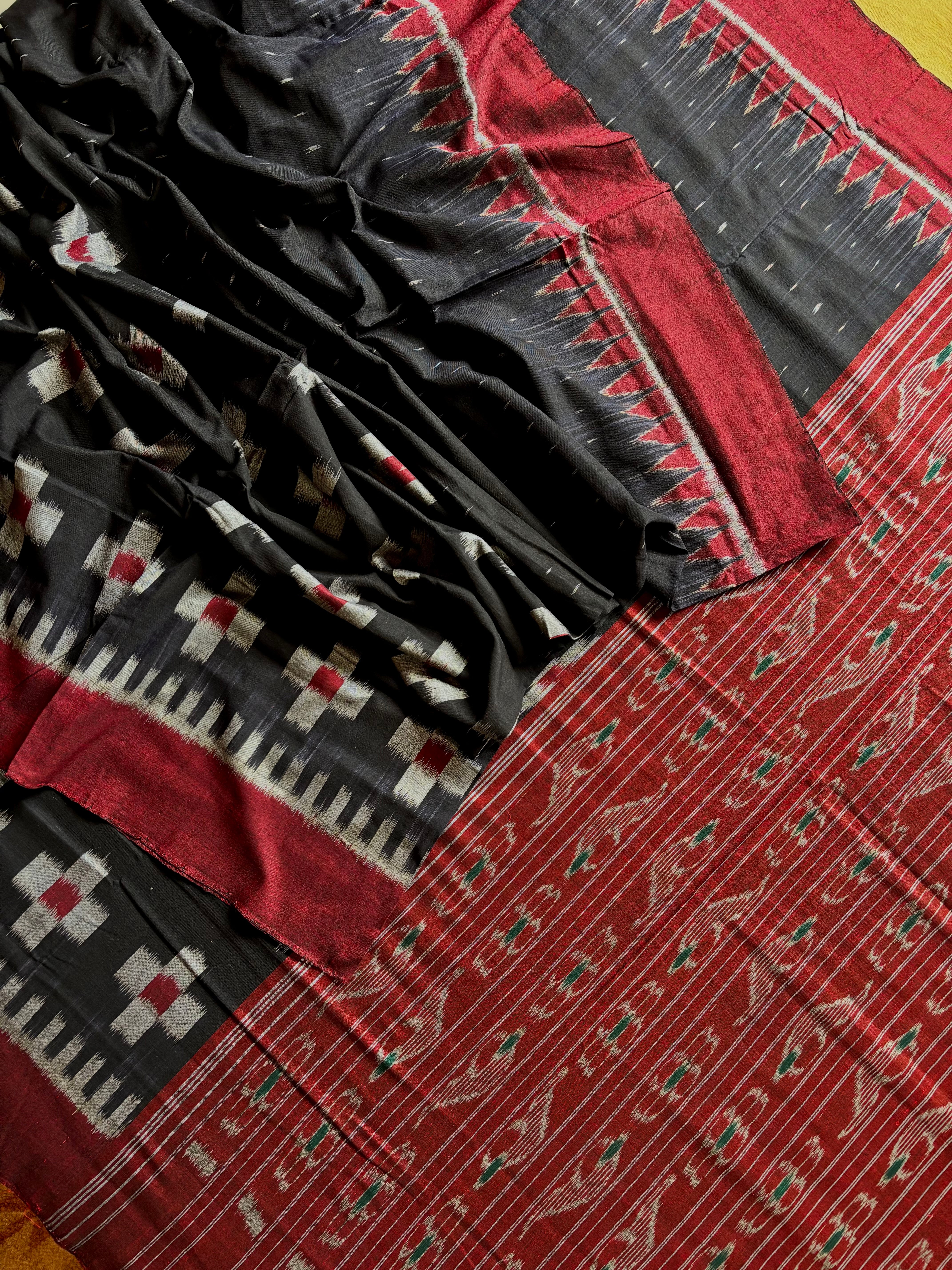 Handwoven Black with Dark Red Odisha Ikkat Saree