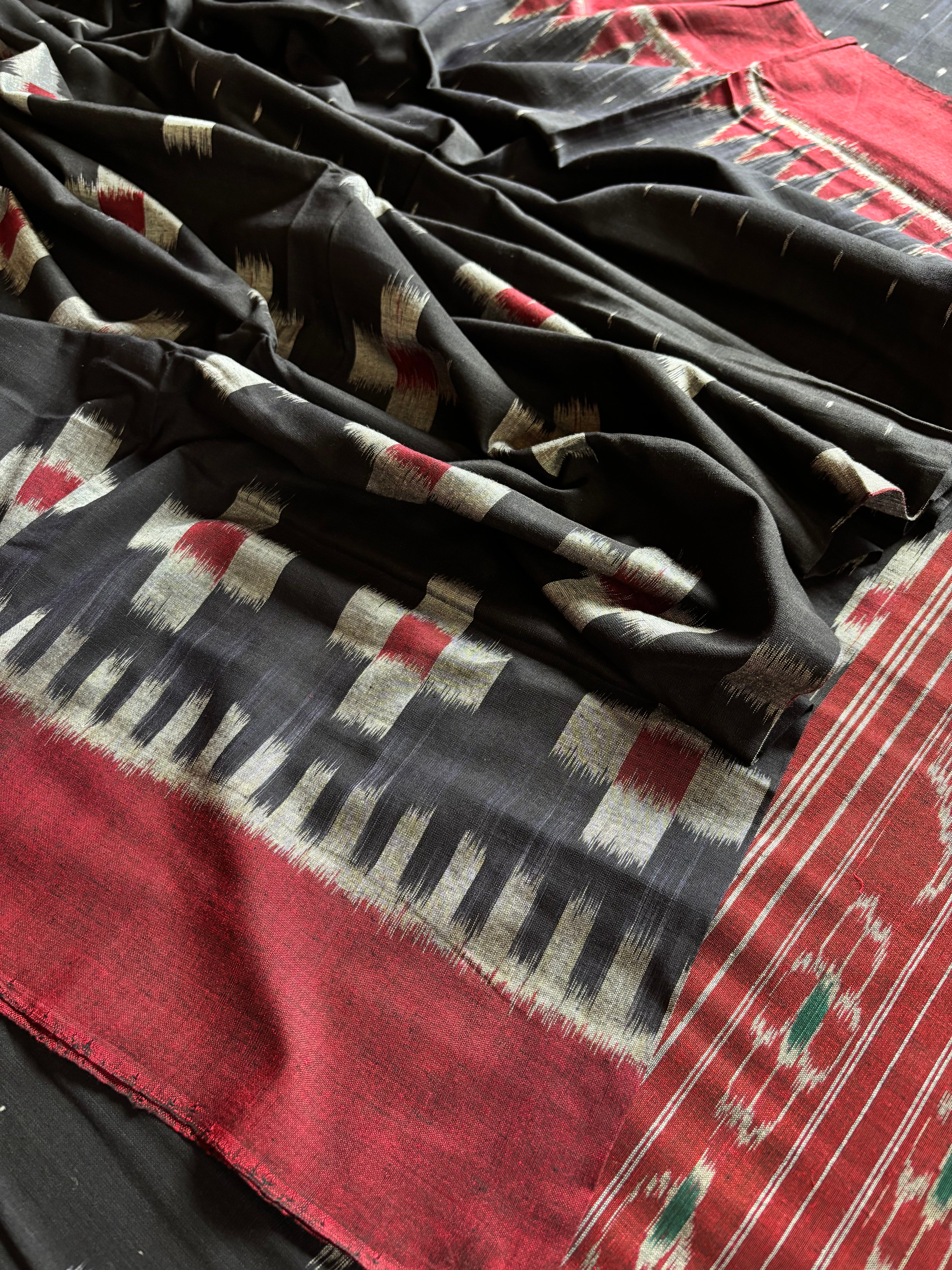 Handwoven Black with Dark Red Odisha Ikkat Saree