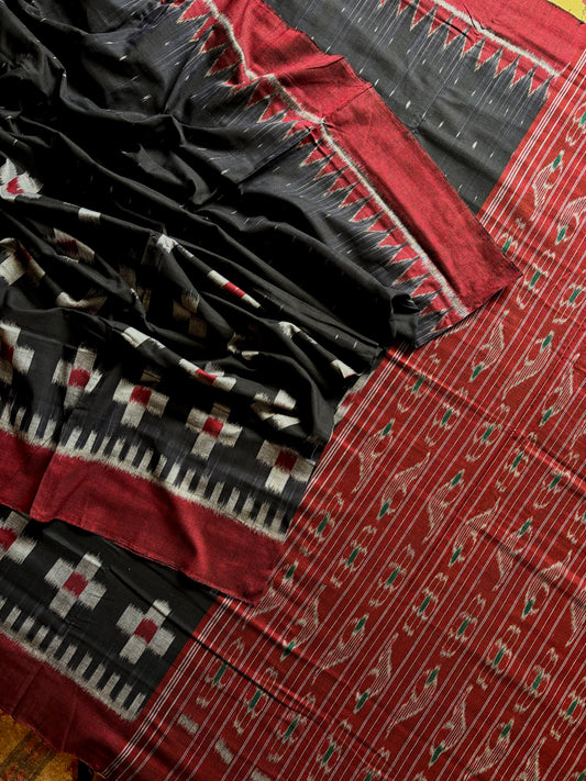 Handwoven Black with Dark Red Odisha Ikkat Saree