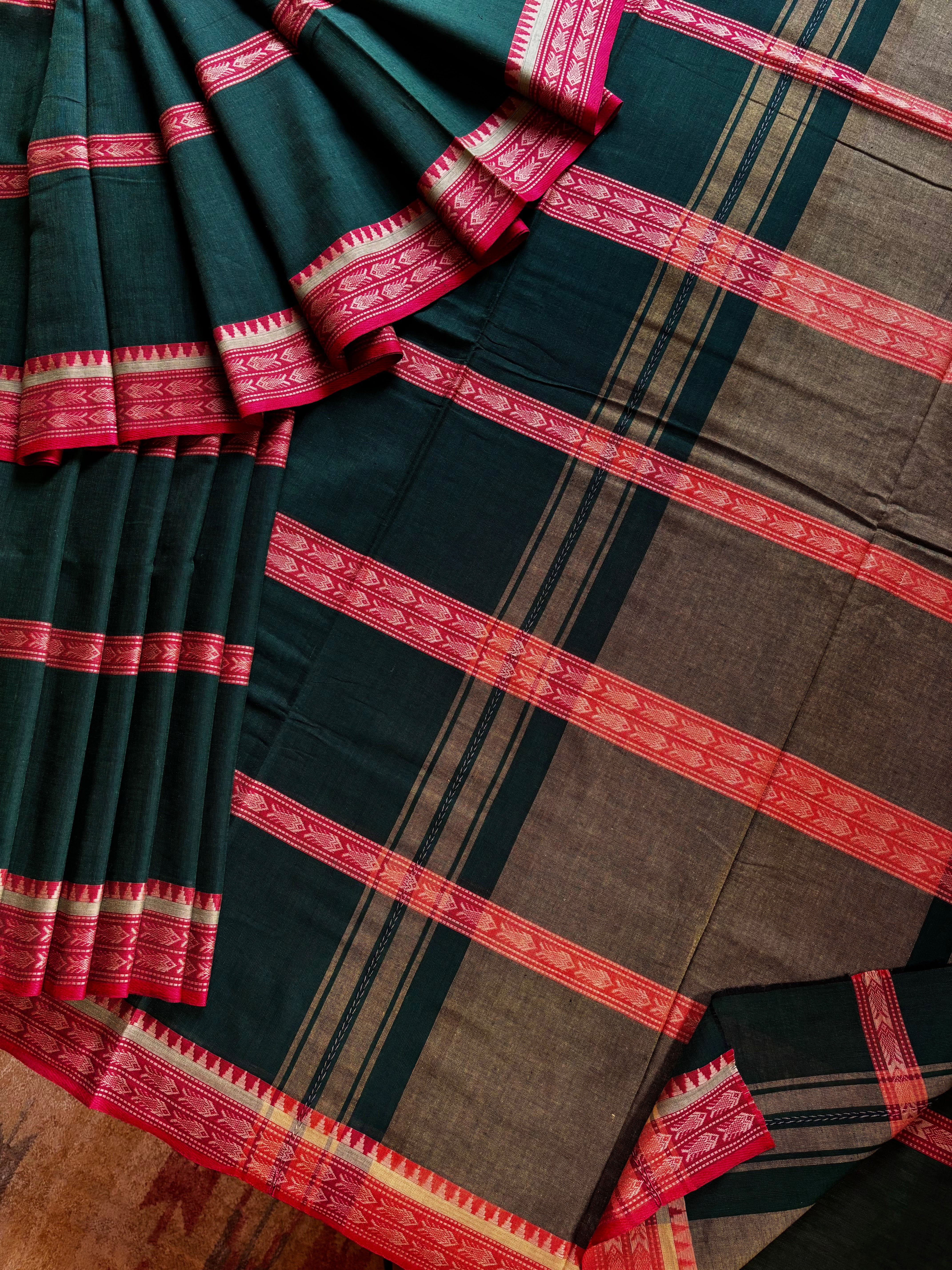 Handwoven Bottle Green Pure Cotton Saree