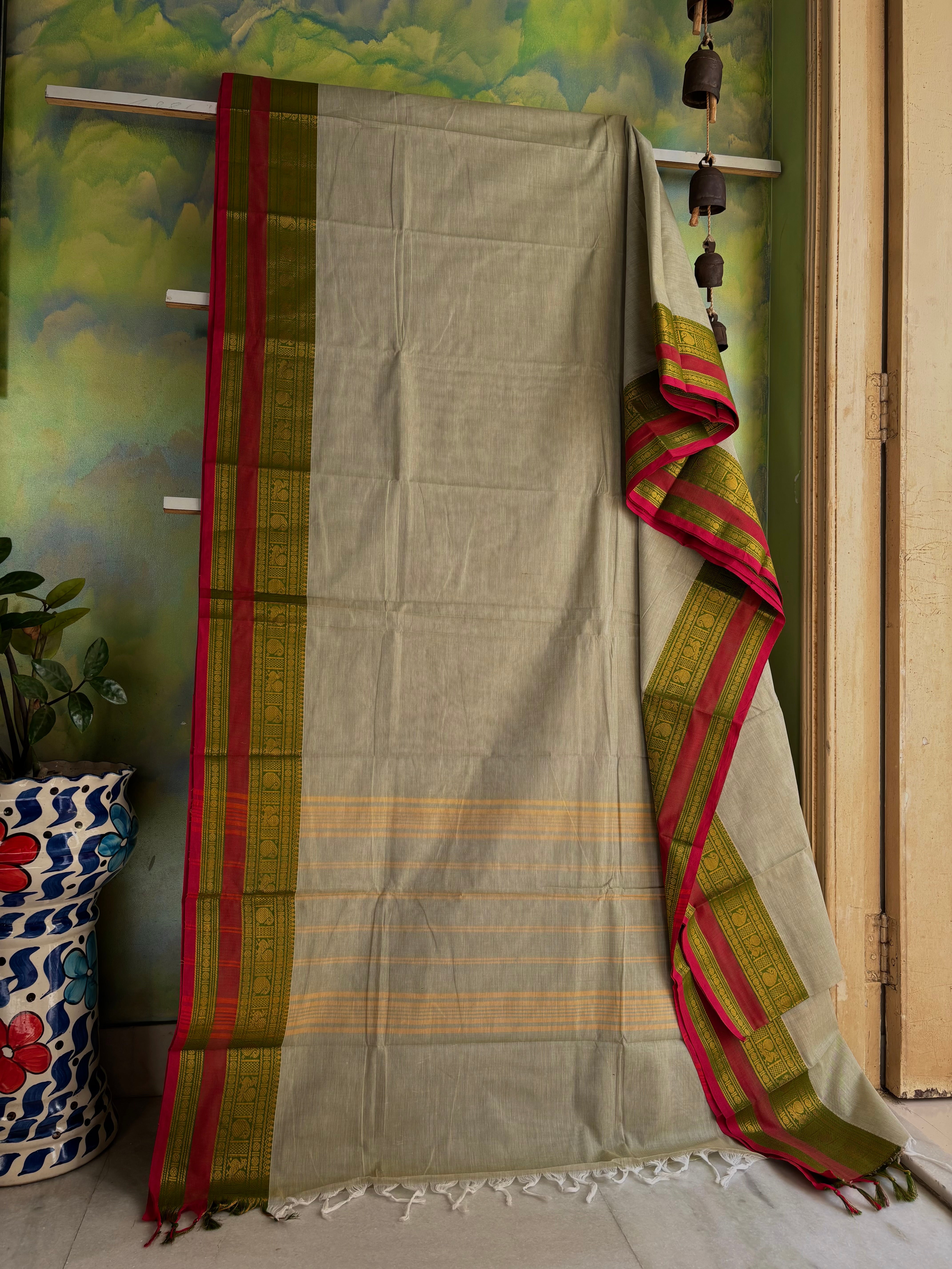 Handwoven Light Mint Colour Kanchipuram Cotton Saree