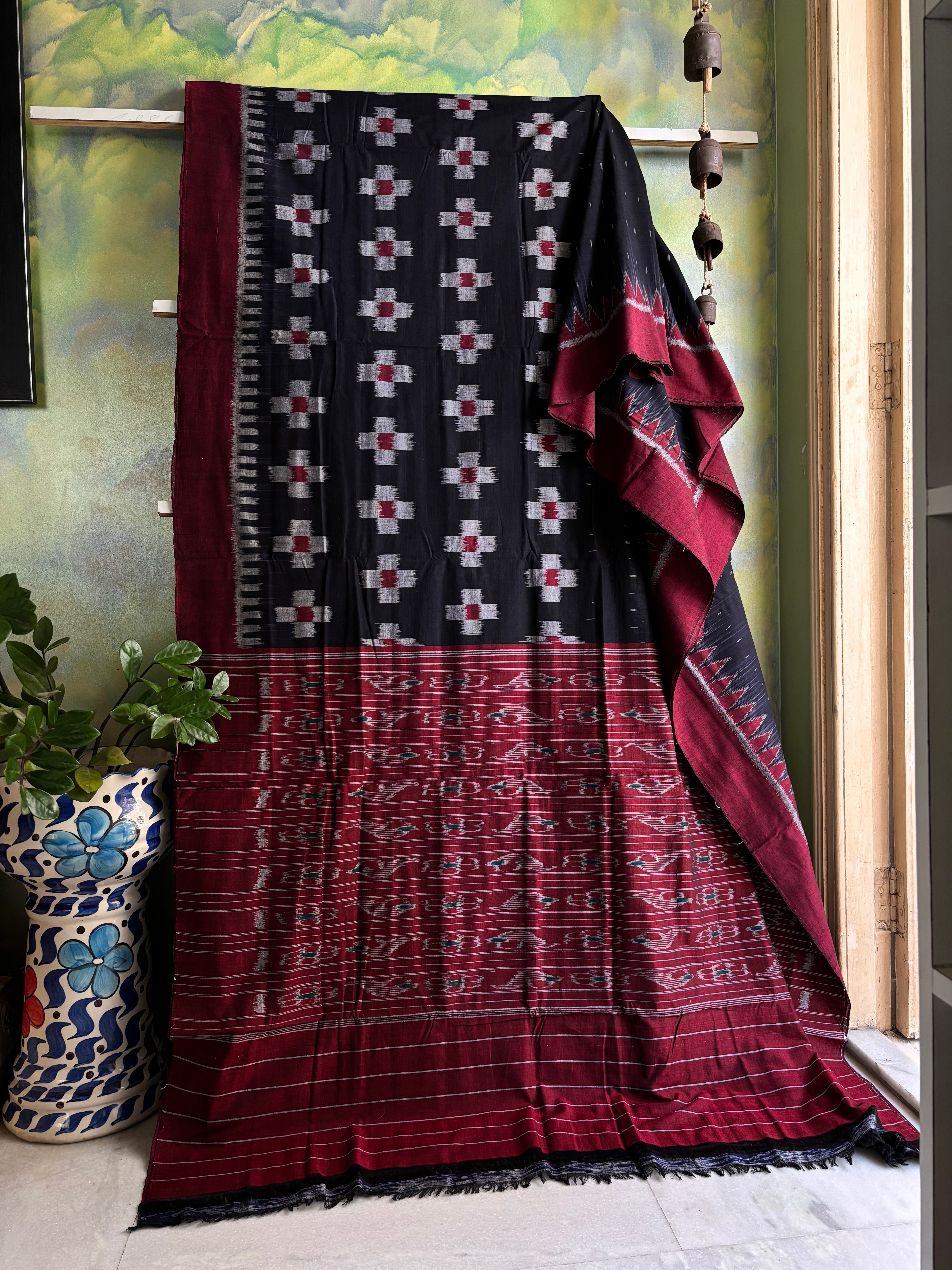 Handwoven Black with Dark Red Odisha Ikkat Saree