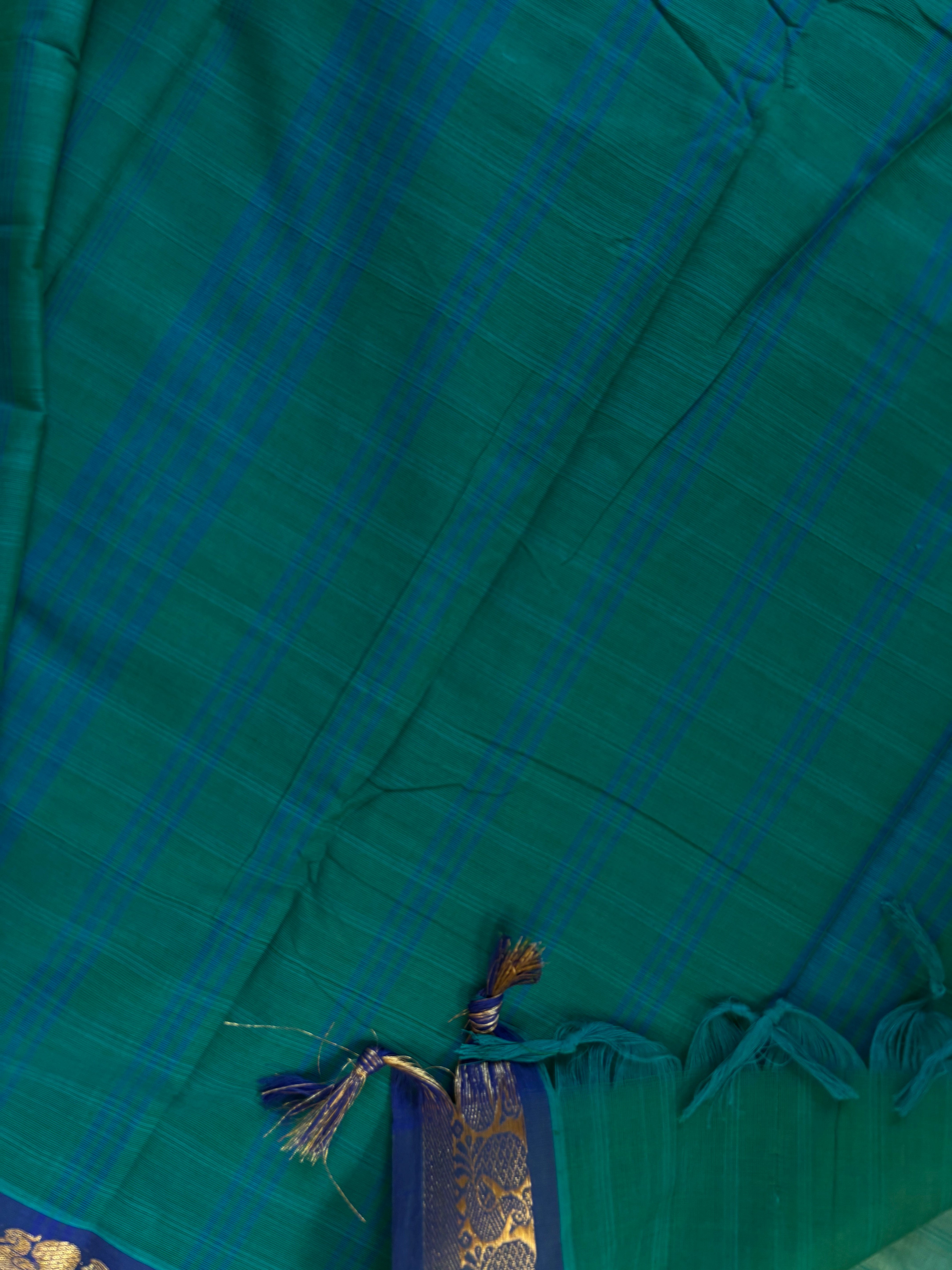 Green Blue Dual Toned Pure Cotton Kanchipuram Saree
