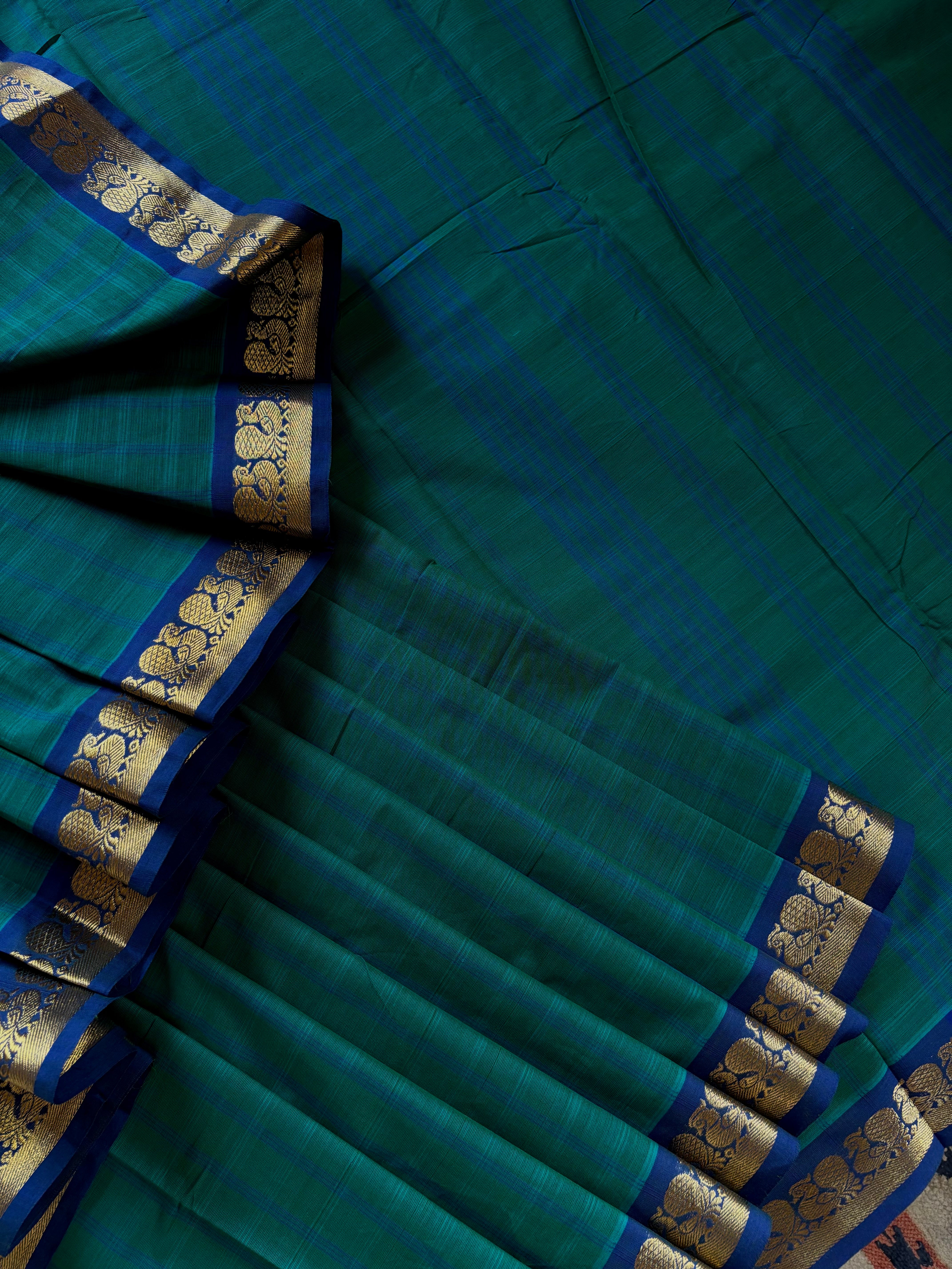 Green Blue Dual Toned Pure Cotton Kanchipuram Saree