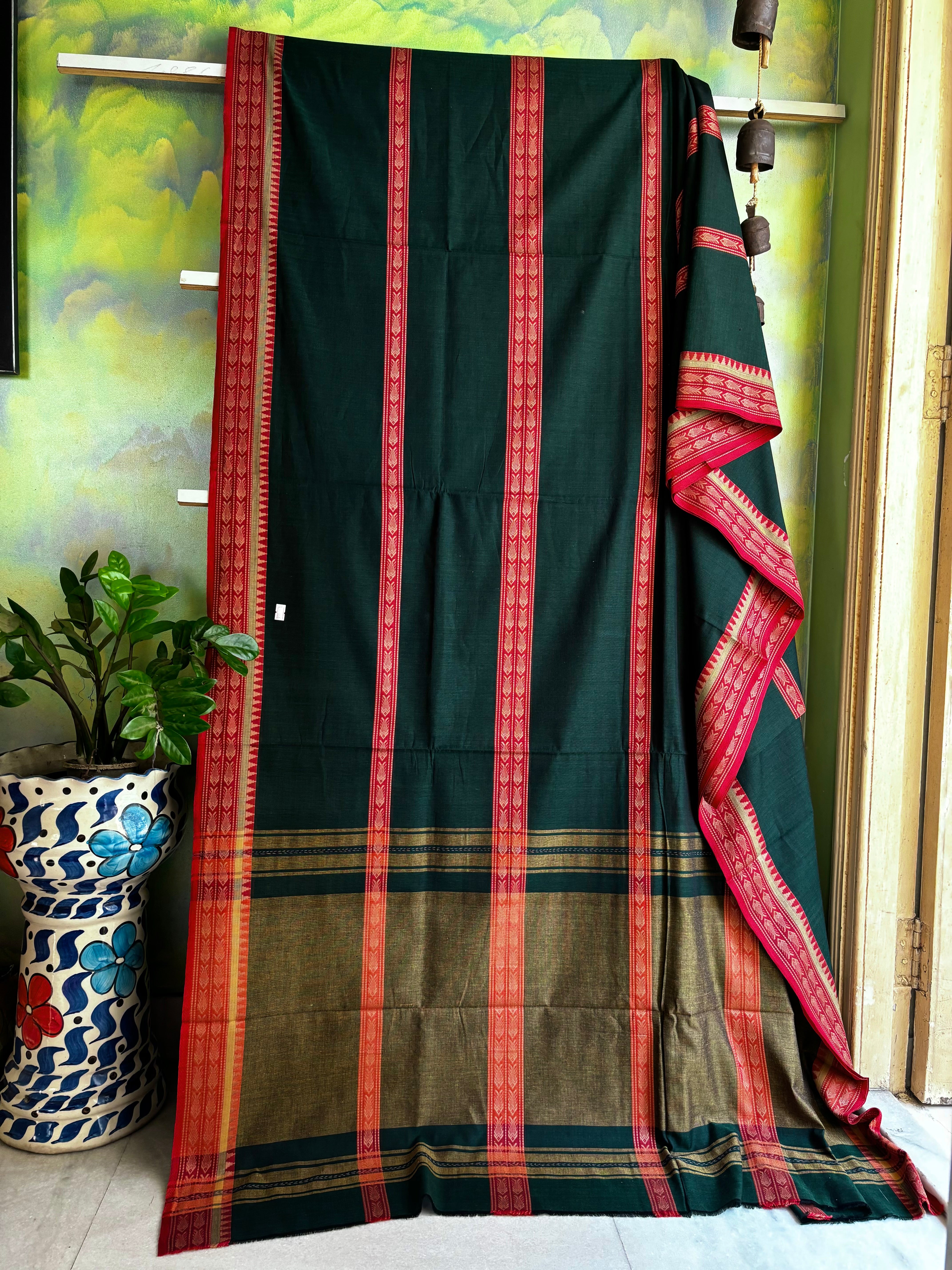 Handwoven Bottle Green Pure Cotton Saree