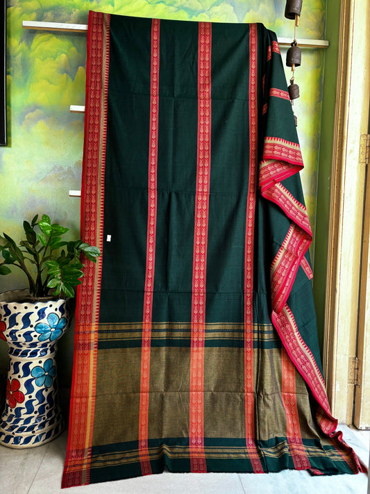 Handwoven Bottle Green Pure Cotton Saree