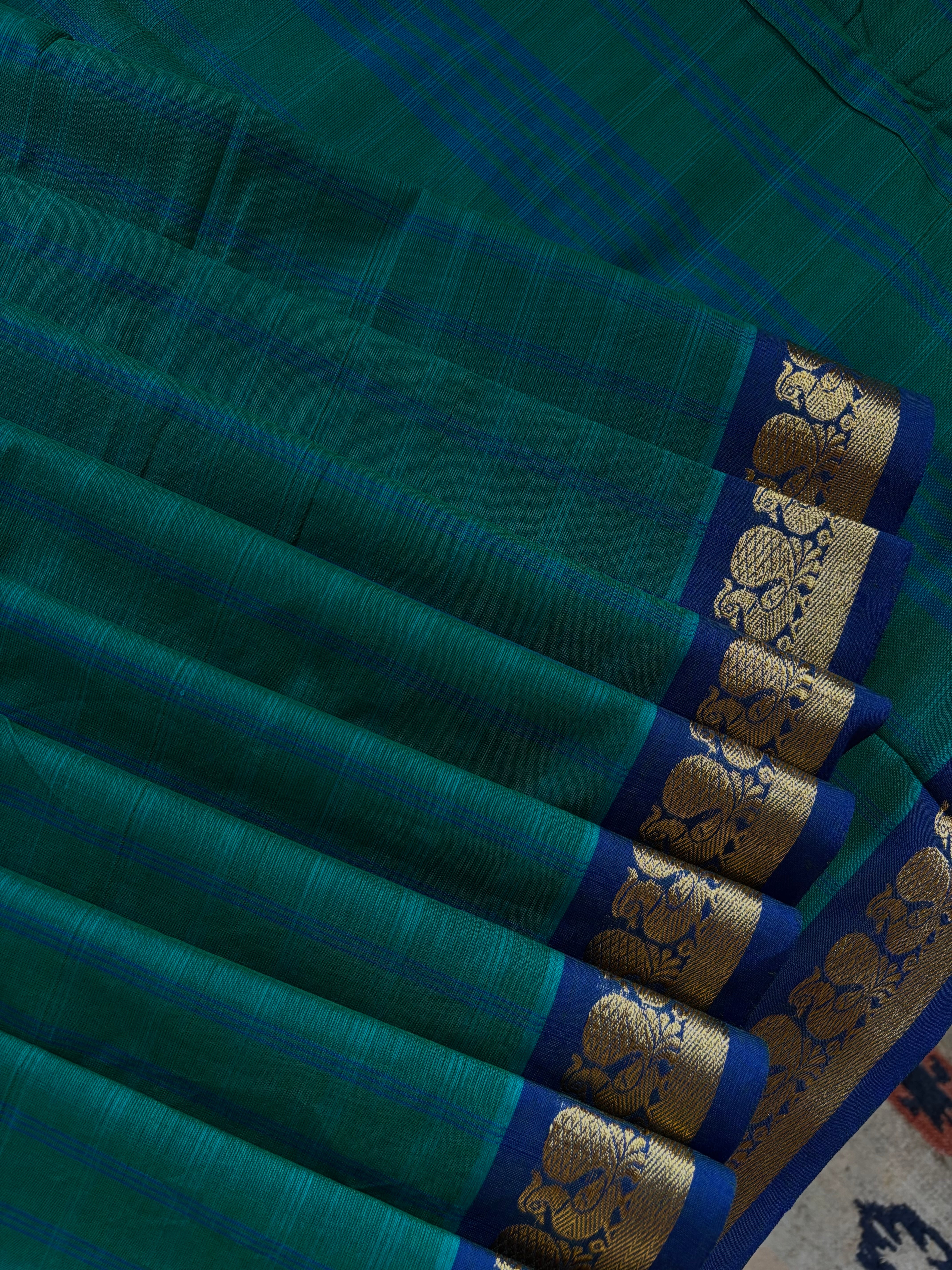 Green Blue Dual Toned Pure Cotton Kanchipuram Saree