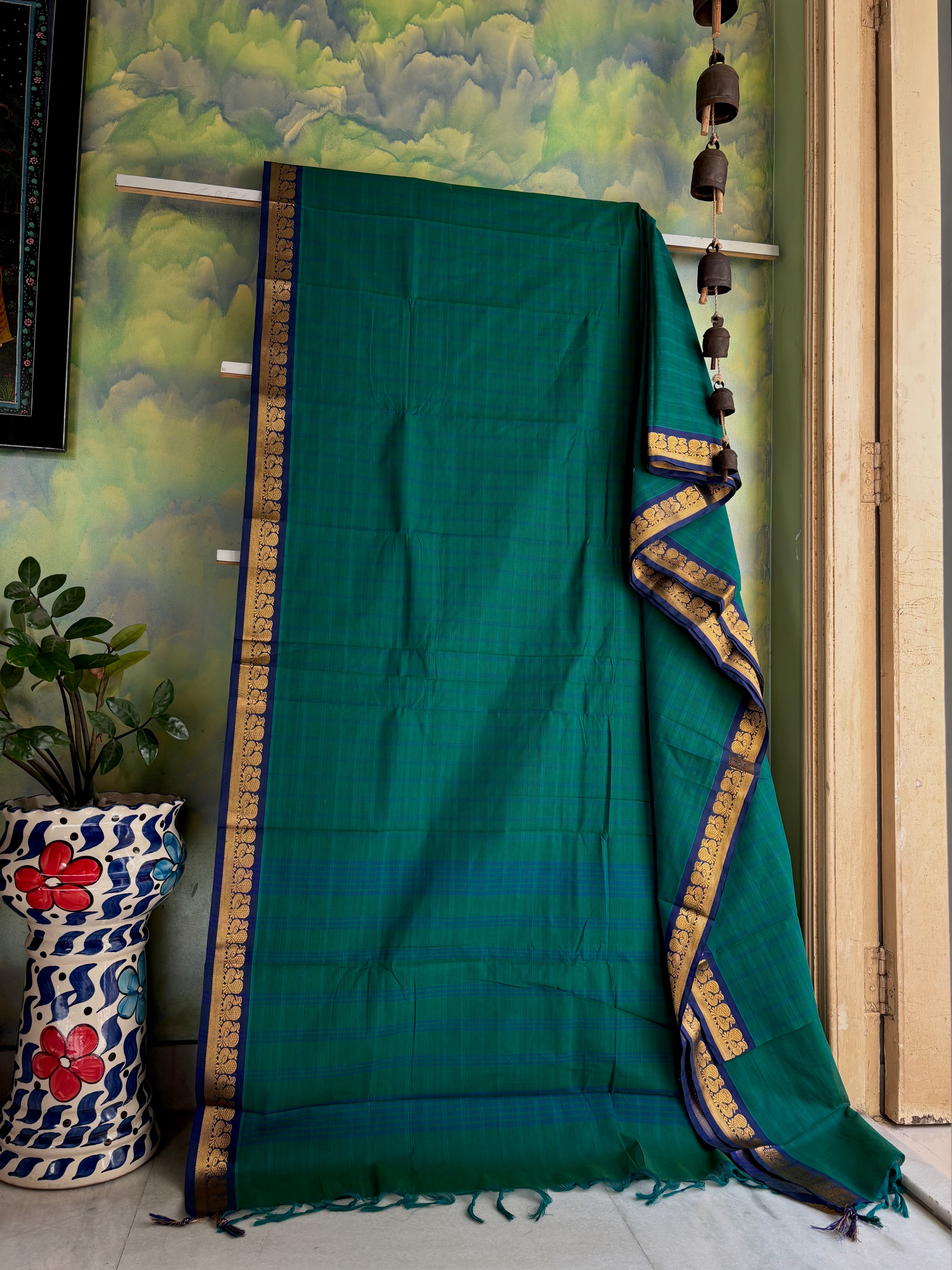 Green Blue Dual Toned Pure Cotton Kanchipuram Saree