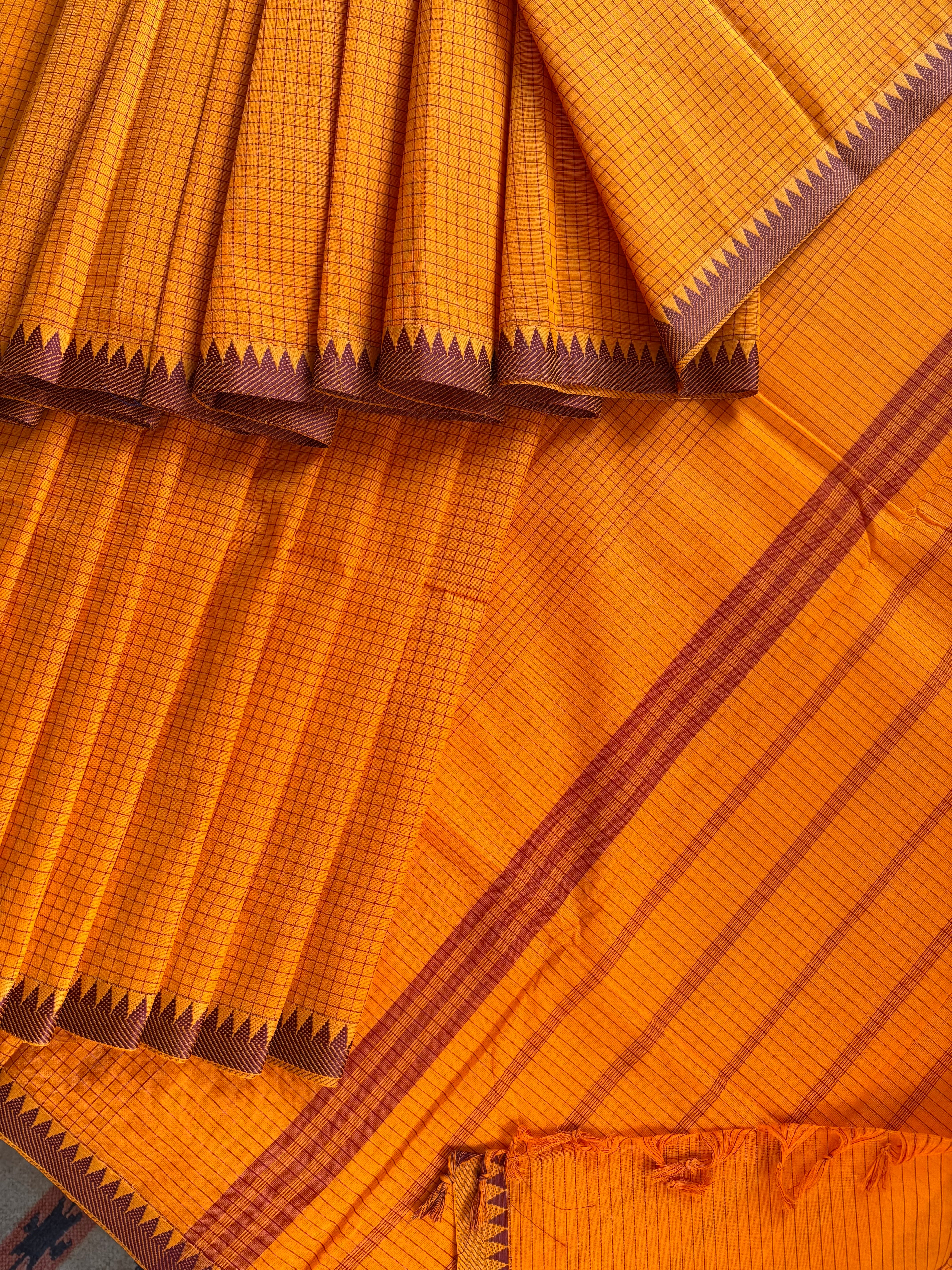 Orangish Yellow Colour Pure Cotton Kanchipuram Saree