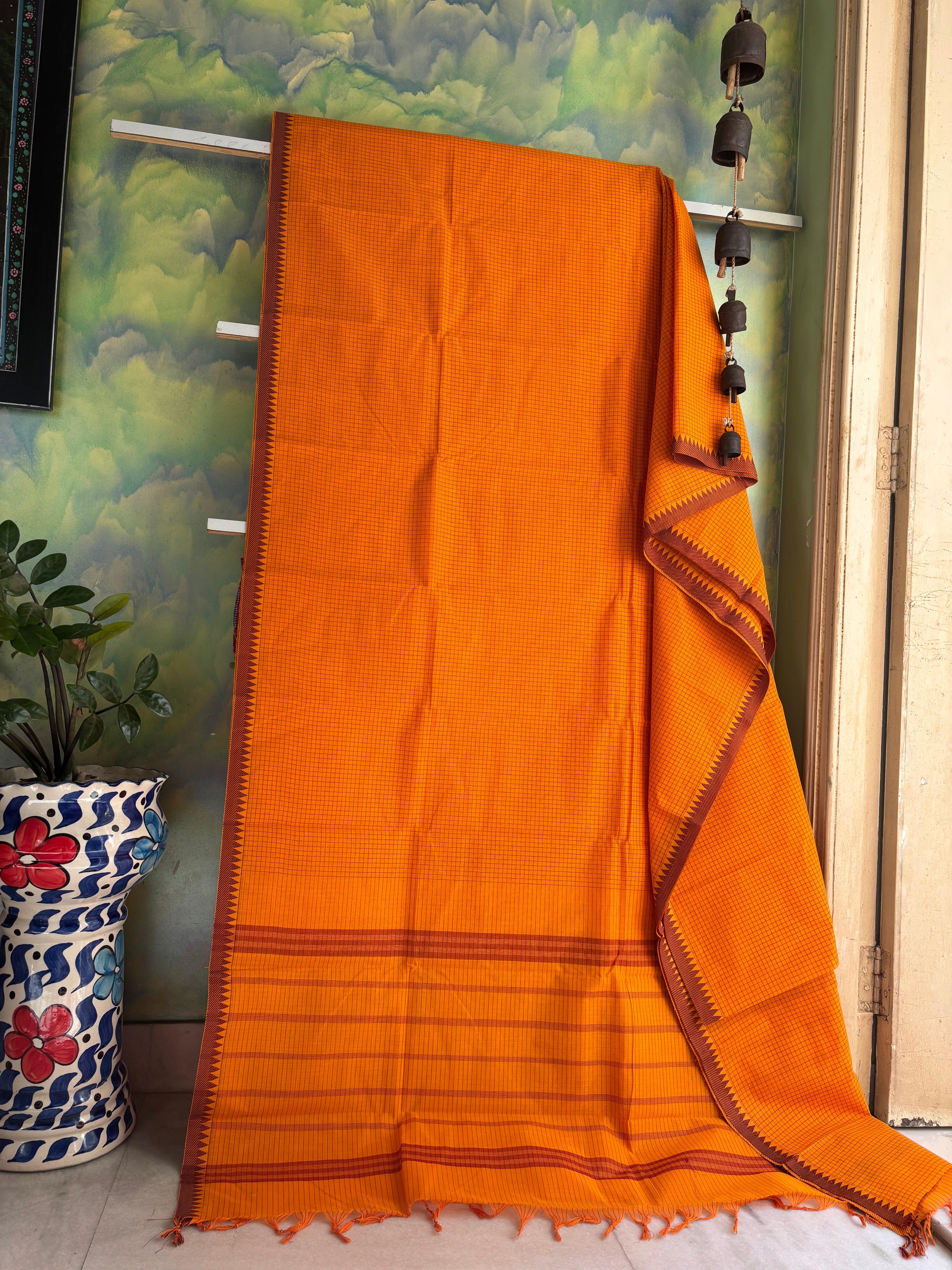 Orangish Yellow Colour Pure Cotton Kanchipuram Saree