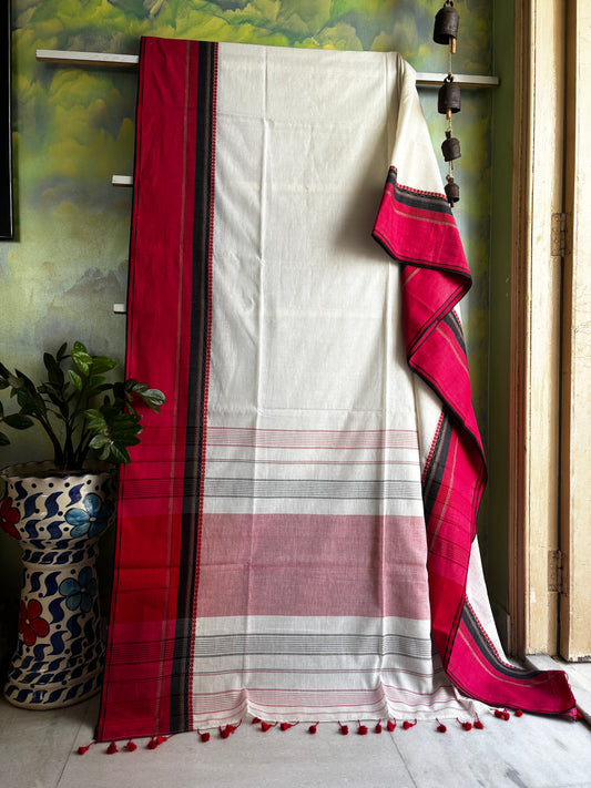 Handwoven Offwhite Red Phulia Cotton Saree