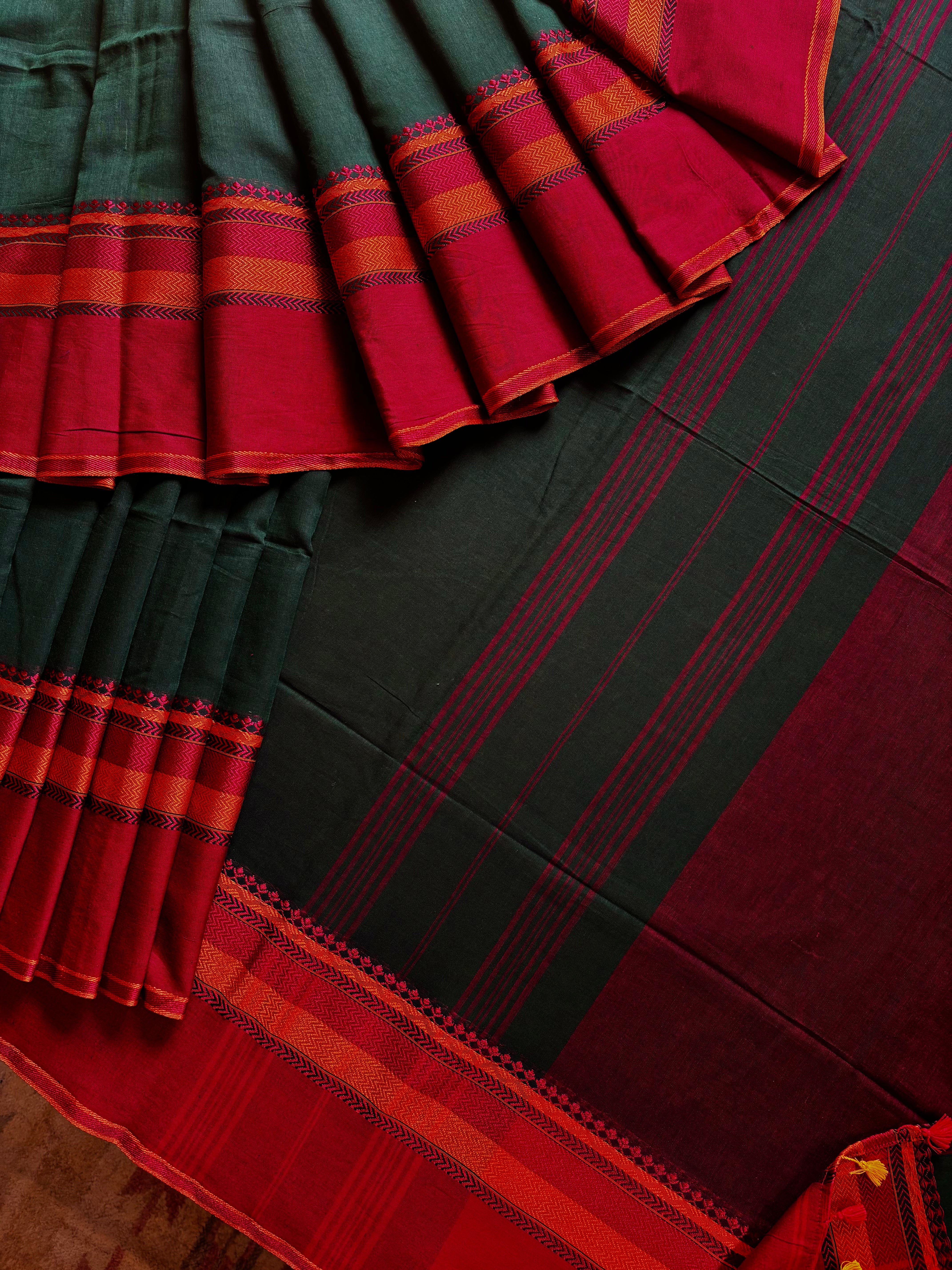 Handwoven Dark Bottle Green Colour Cotton Saree