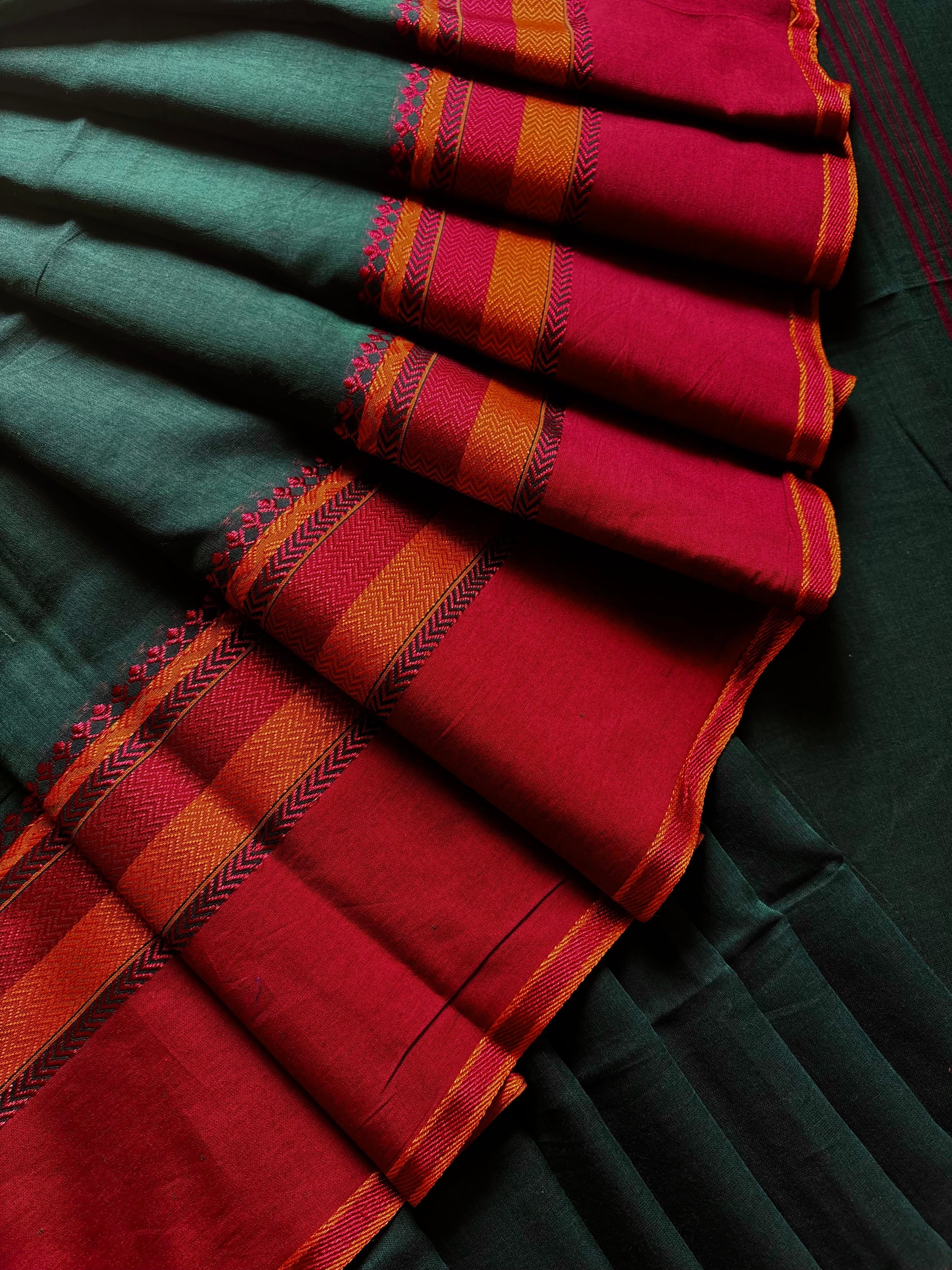Handwoven Dark Bottle Green Colour Cotton Saree