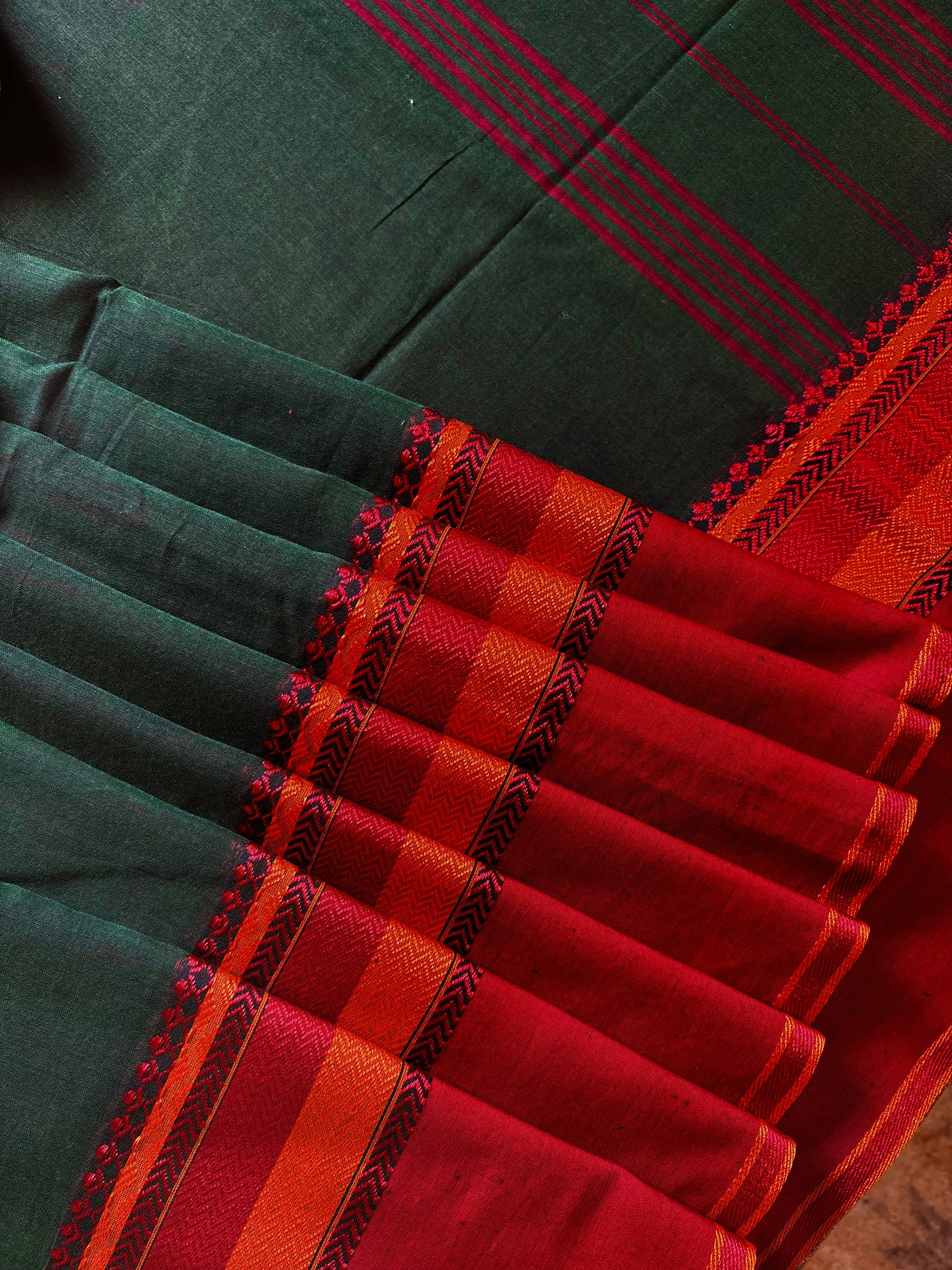 Handwoven Dark Bottle Green Colour Cotton Saree