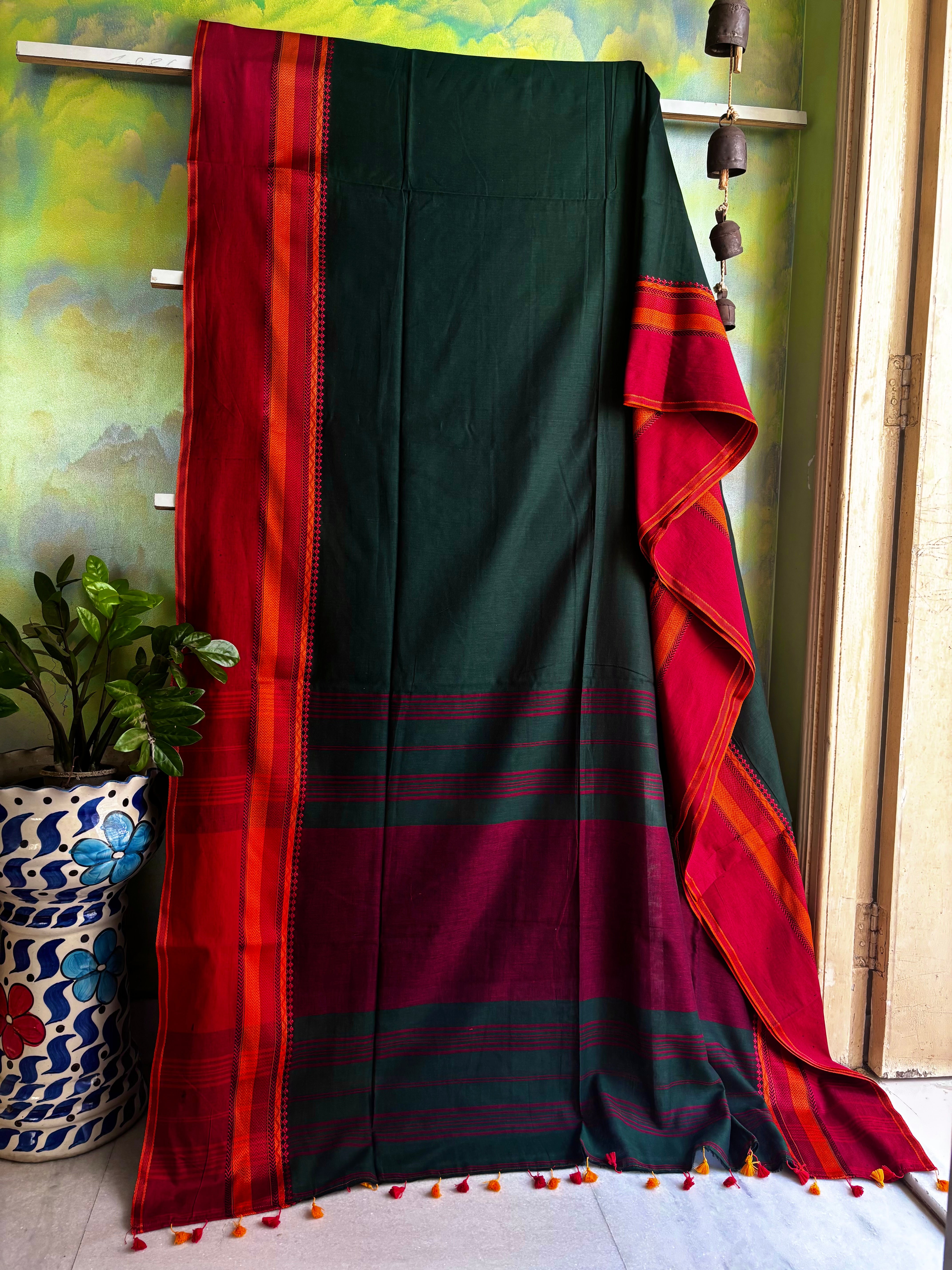 Handwoven Dark Bottle Green Colour Cotton Saree