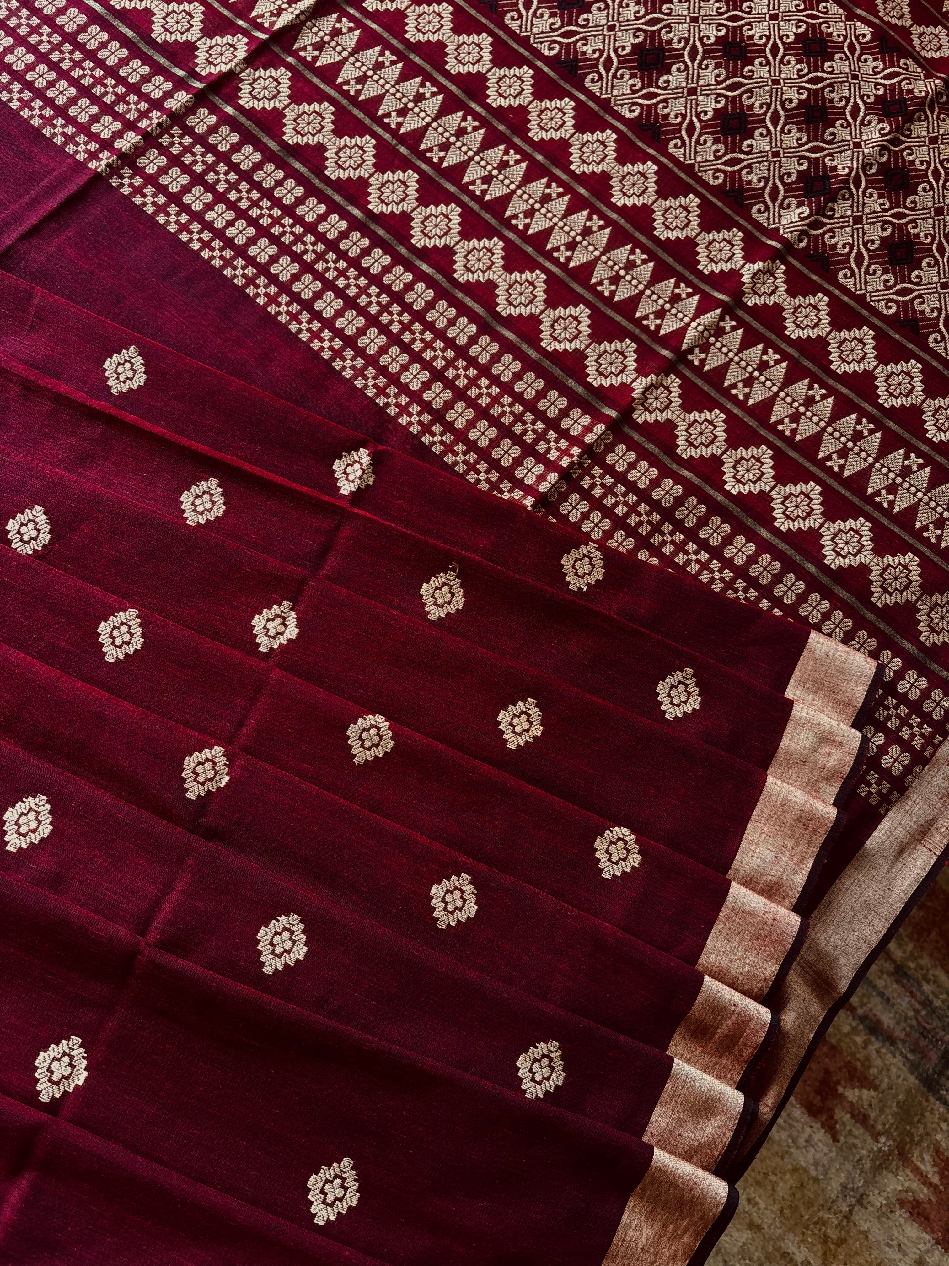 Handwoven Dark Maroon Colour Phulia Cotton Saree