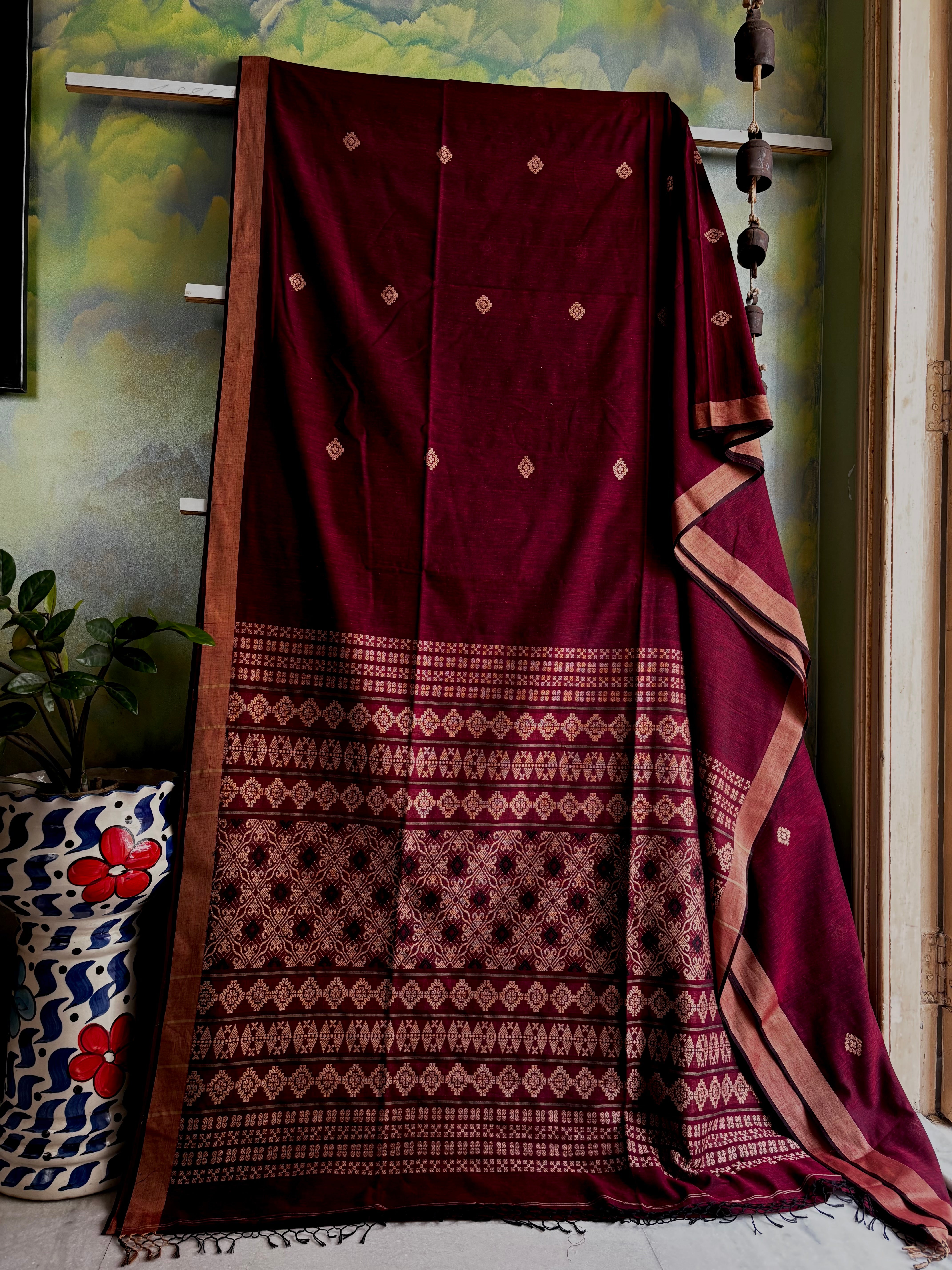 Handwoven Dark Maroon Colour Phulia Cotton Saree