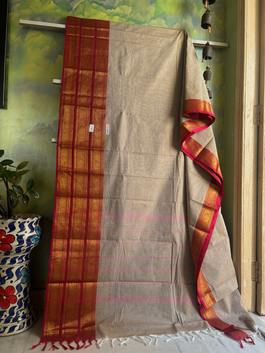 Handwoven Beige Pink Kanchipuram Cotton Saree
