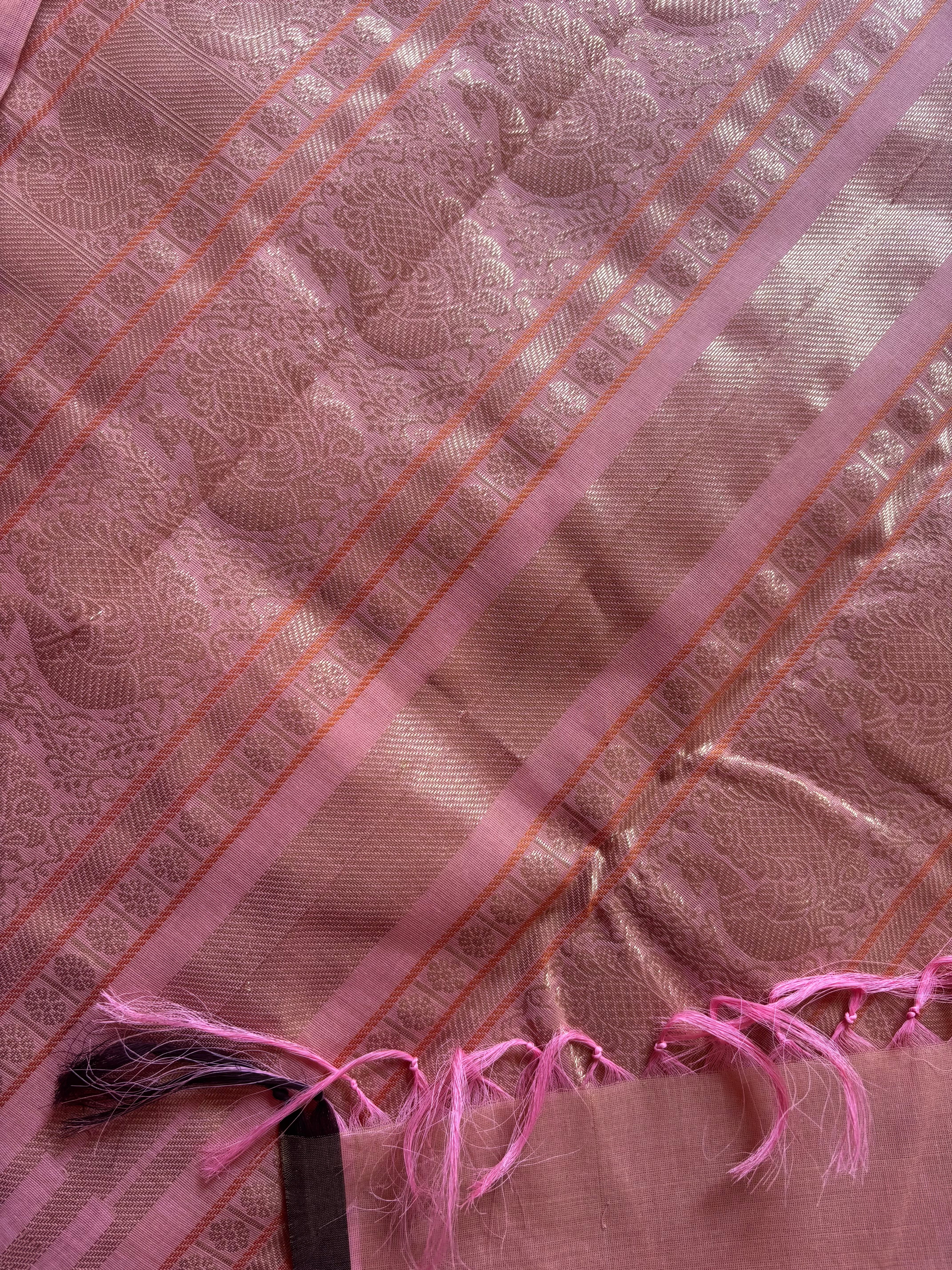 Handwoven Peachish Pink Colour Kanchipuram Cotton Saree