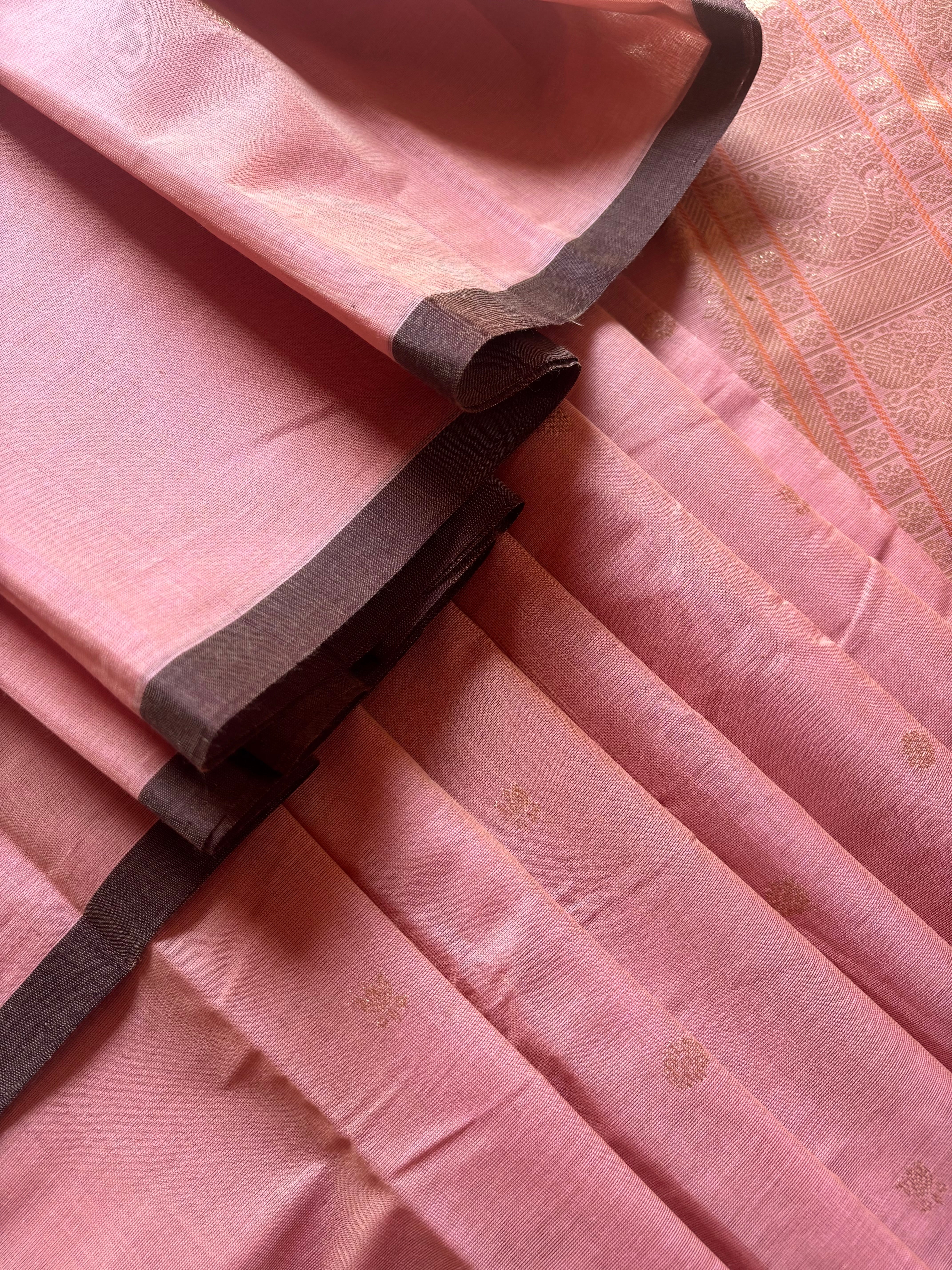 Handwoven Peachish Pink Colour Kanchipuram Cotton Saree