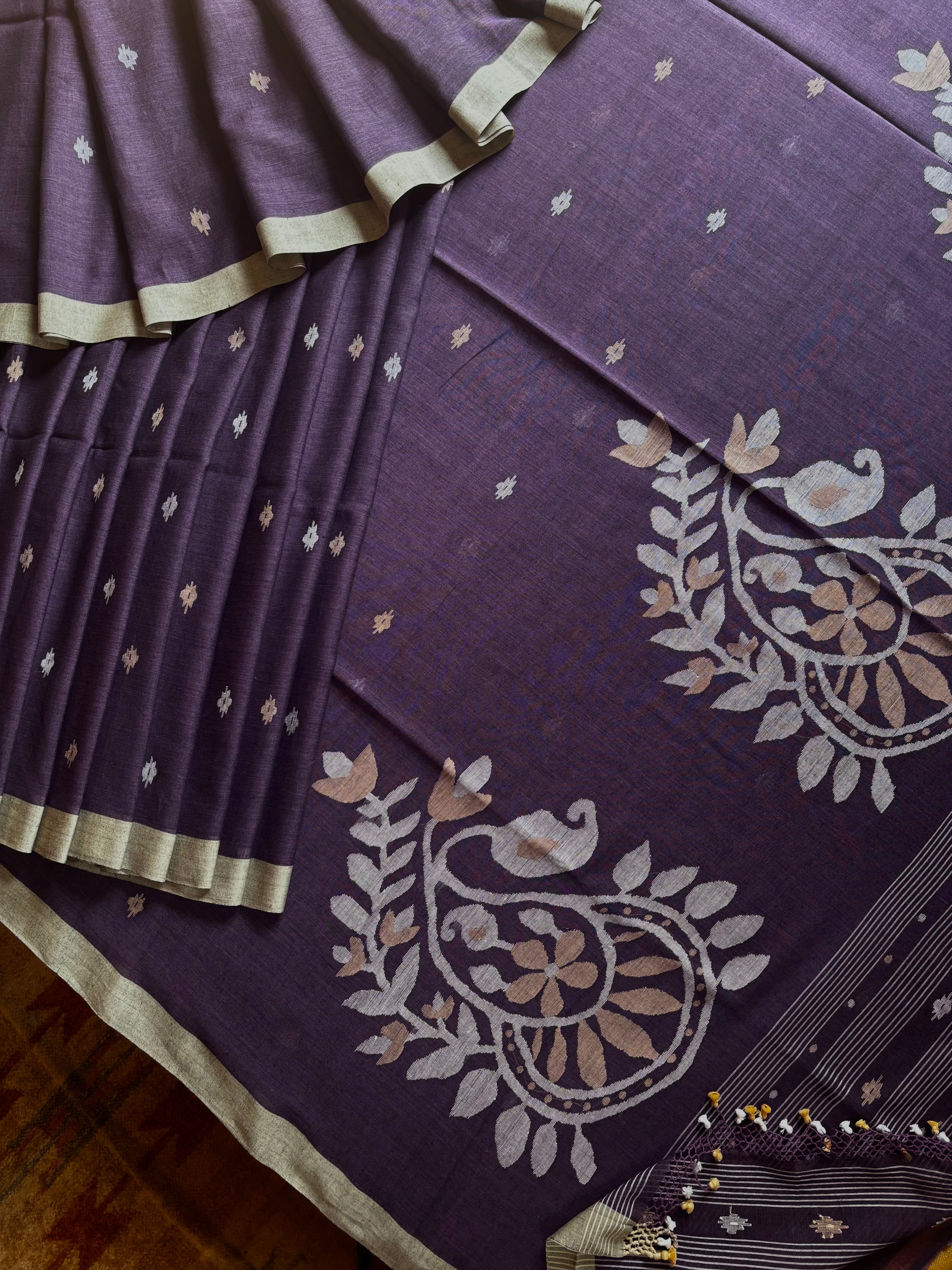 Handwoven Dusty Purple Cotton Jamdani Saree