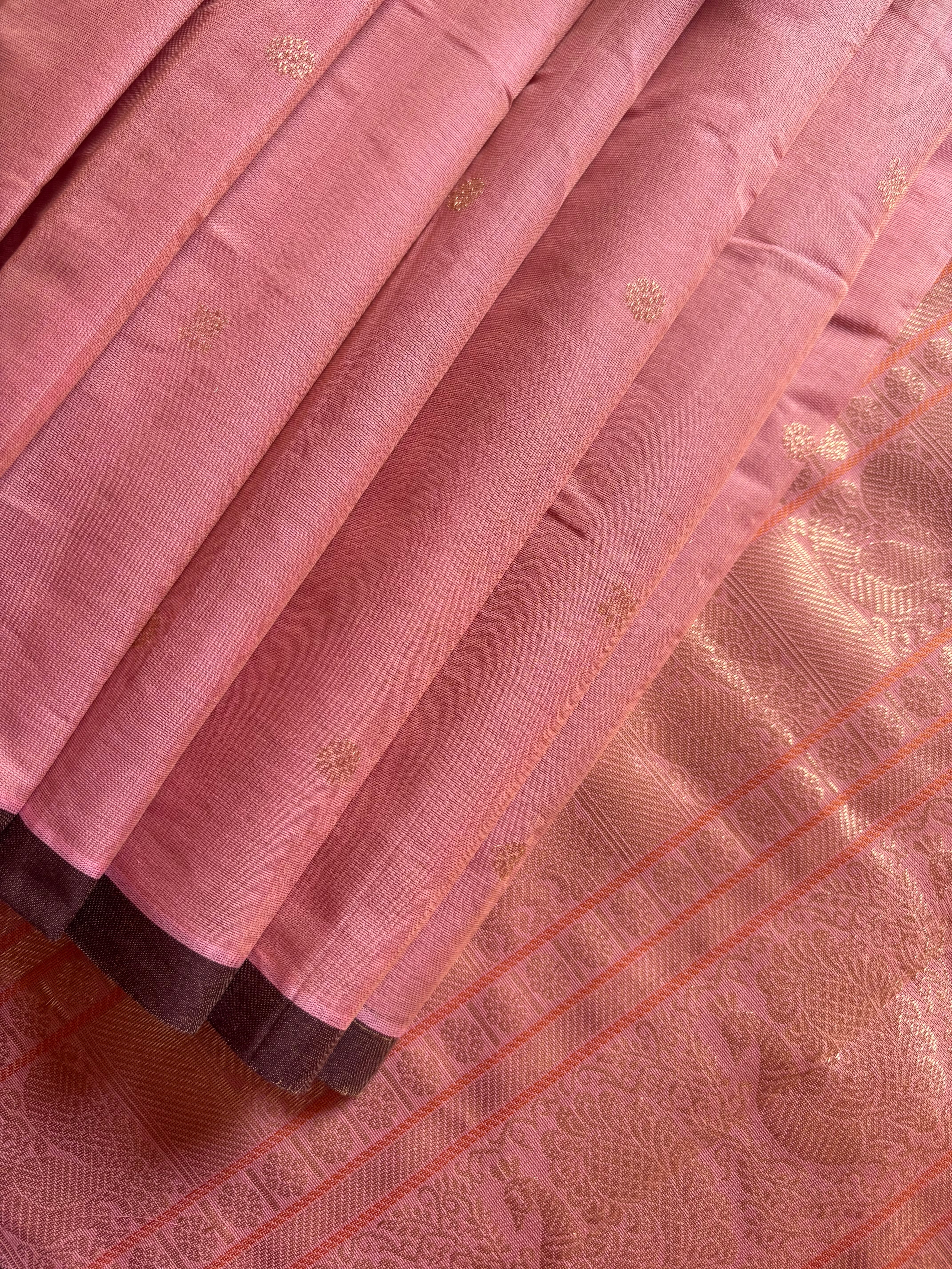 Handwoven Peachish Pink Colour Kanchipuram Cotton Saree