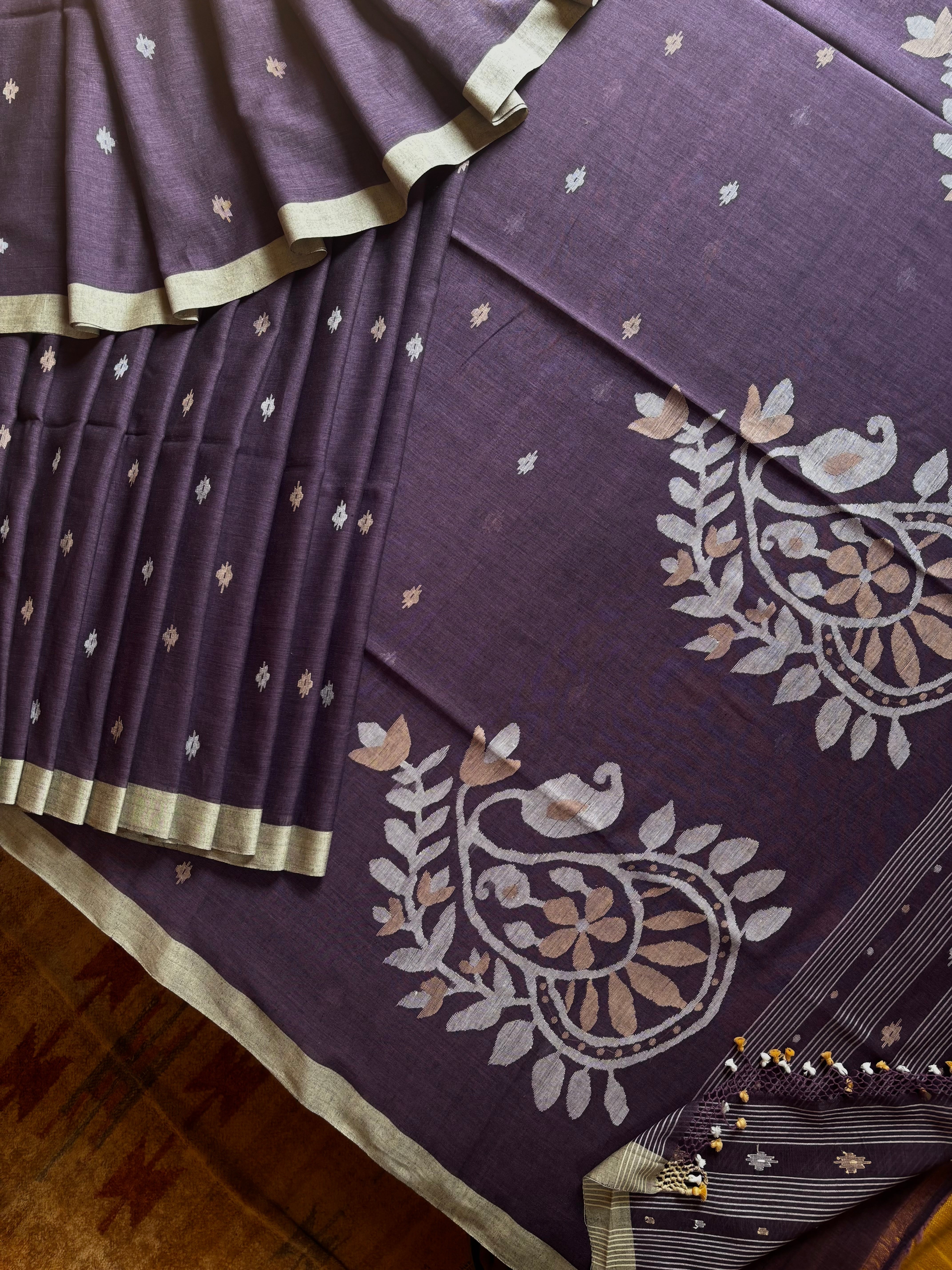 Handwoven Dusty Purple Cotton Jamdani Saree