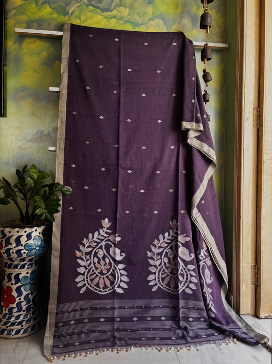 Handwoven Dusty Purple Cotton Jamdani Saree