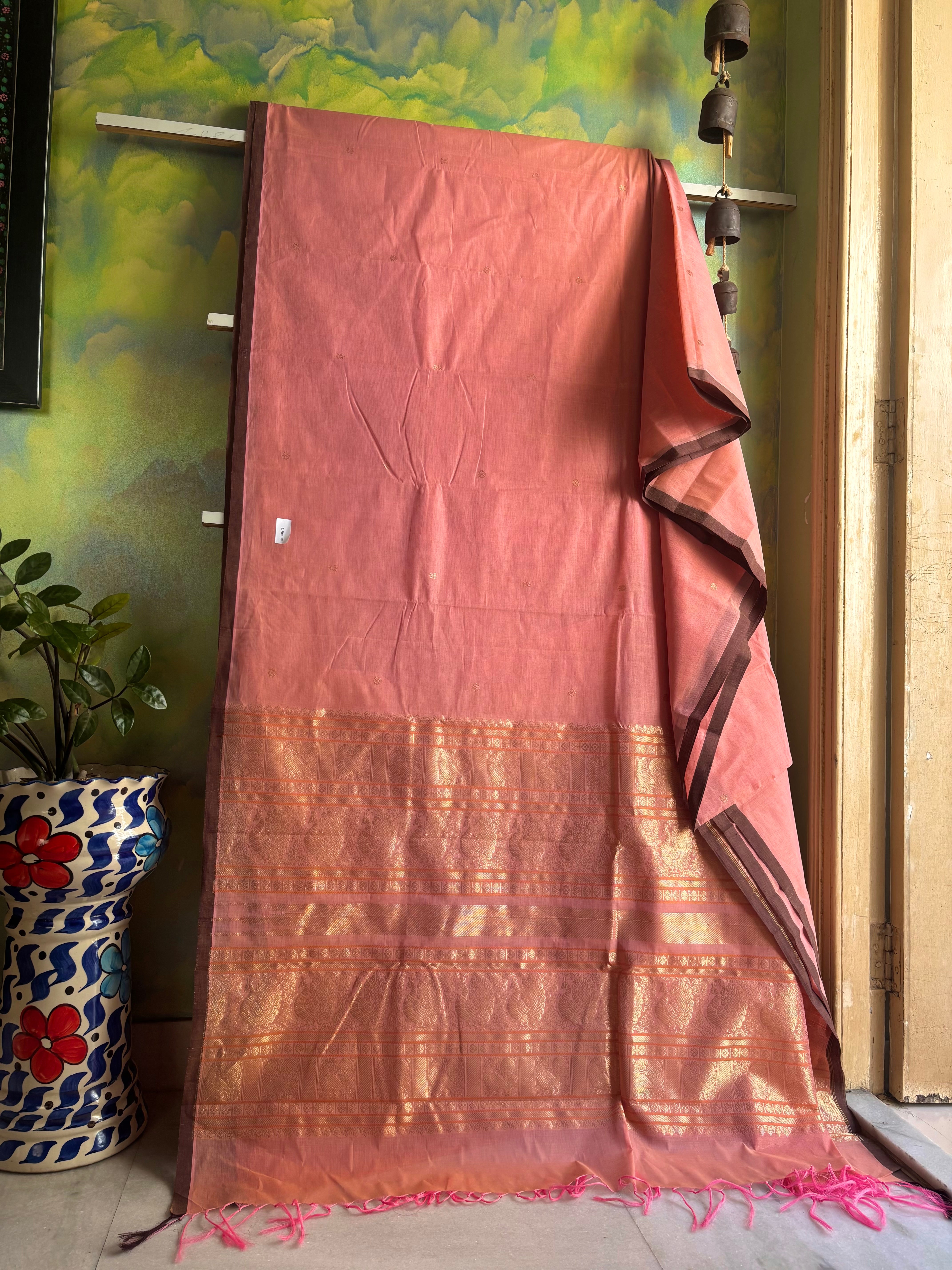 Handwoven Peachish Pink Colour Kanchipuram Cotton Saree