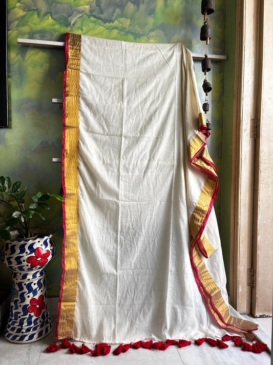 Cream Colour Red Zari Border Mul Cotton Saree