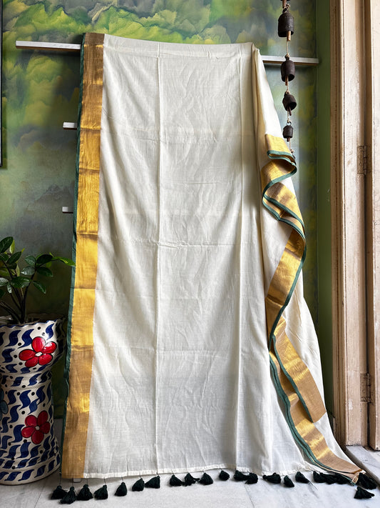 Cream Colour Green Zari Border Mul Cotton Saree